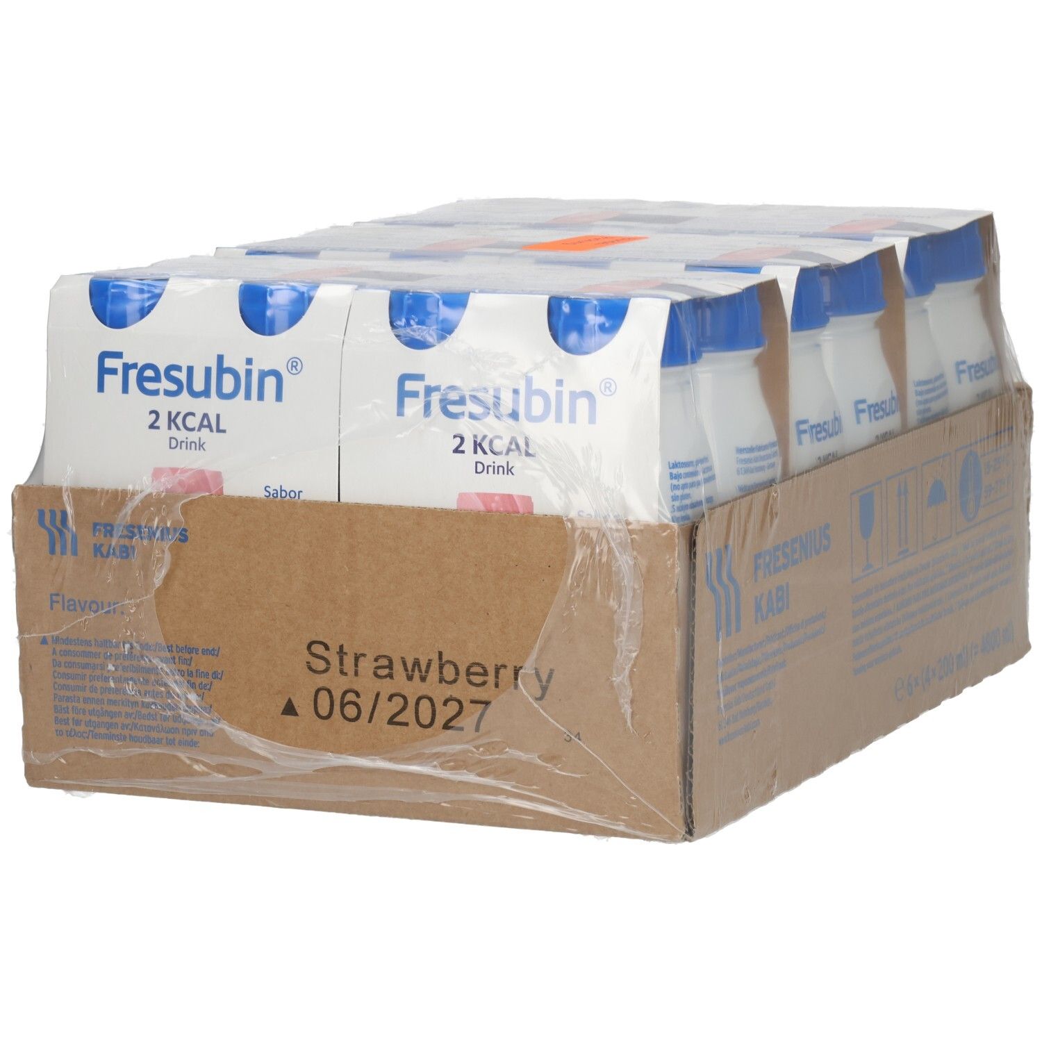 Fresubin 2 Kcal Drink Erdbeere: Vorderseite des Kartons mit 24x200ml Flaschen.