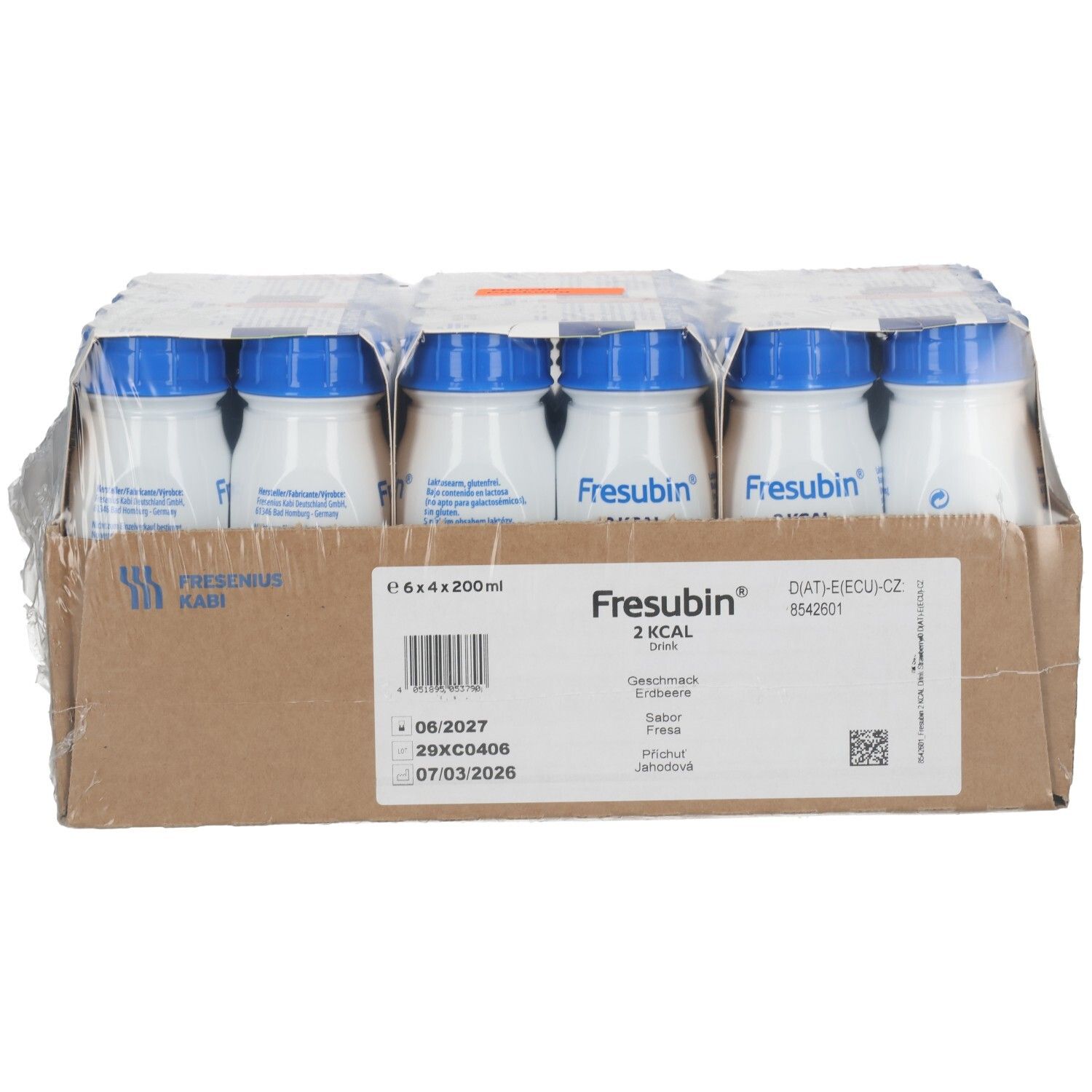 Fresubin 2 Kcal Drink Erdbeere: 24x200ml Flaschen im Karton, Etikett.