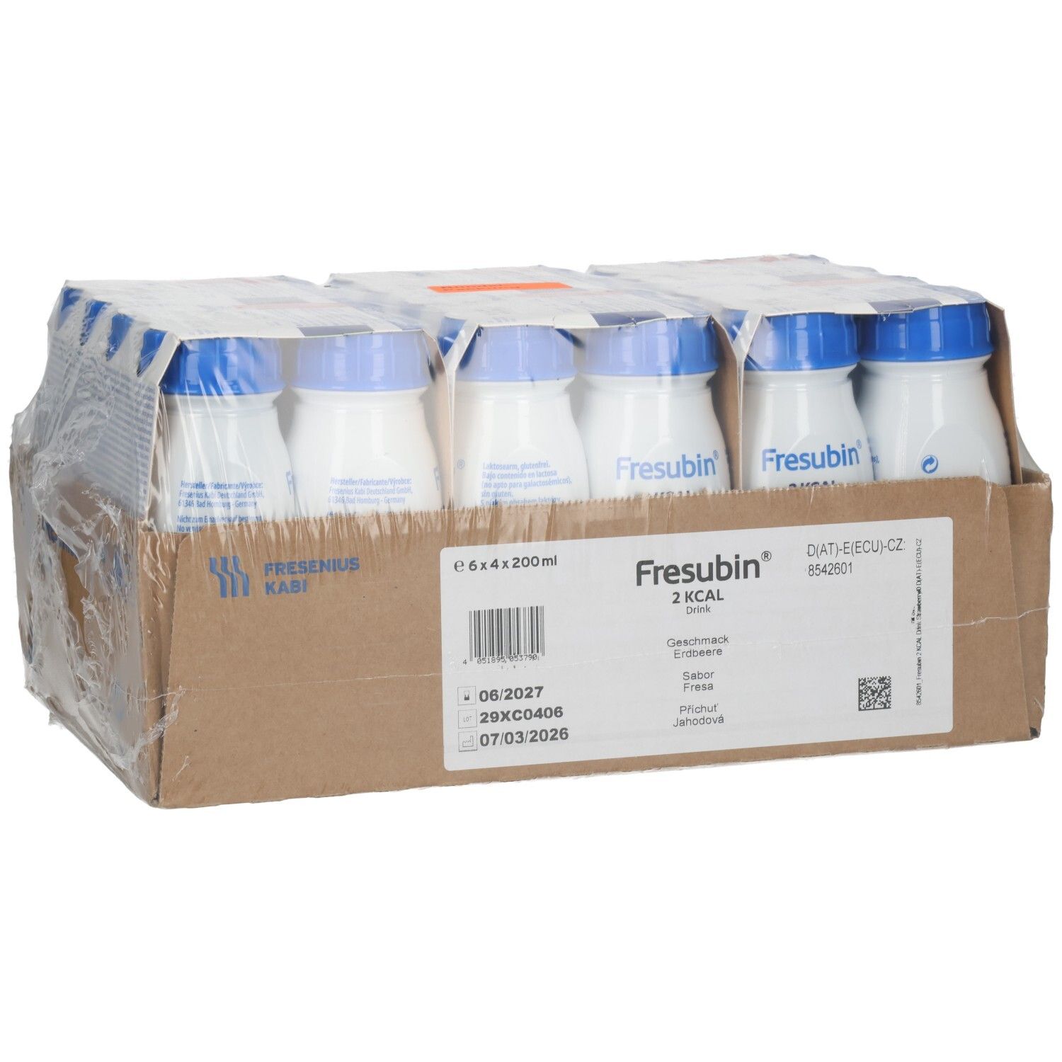 Fresubin 2 Kcal Drink Erdbeere: Karton mit 24x200ml Flaschen, Detailansicht.