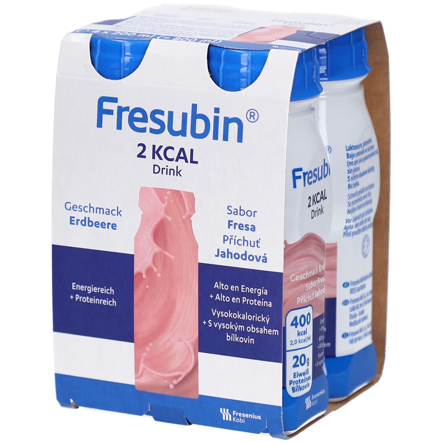 Packung mit vier Flaschen. Aufdruck: Fresubin 2 kcal Drink, Geschmack Erdbeere. Flaschen mit blauem Deckel, rosa Flüssigkeit.