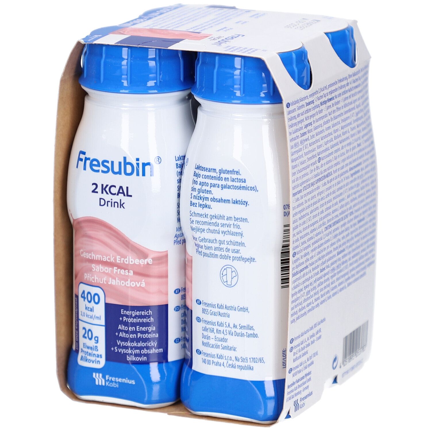 Packung mit vier Flaschen. Aufdruck: Fresubin 2 kcal Drink, Geschmack Erdbeere. Flaschen mit blauem Deckel, rosa Flüssigkeit.