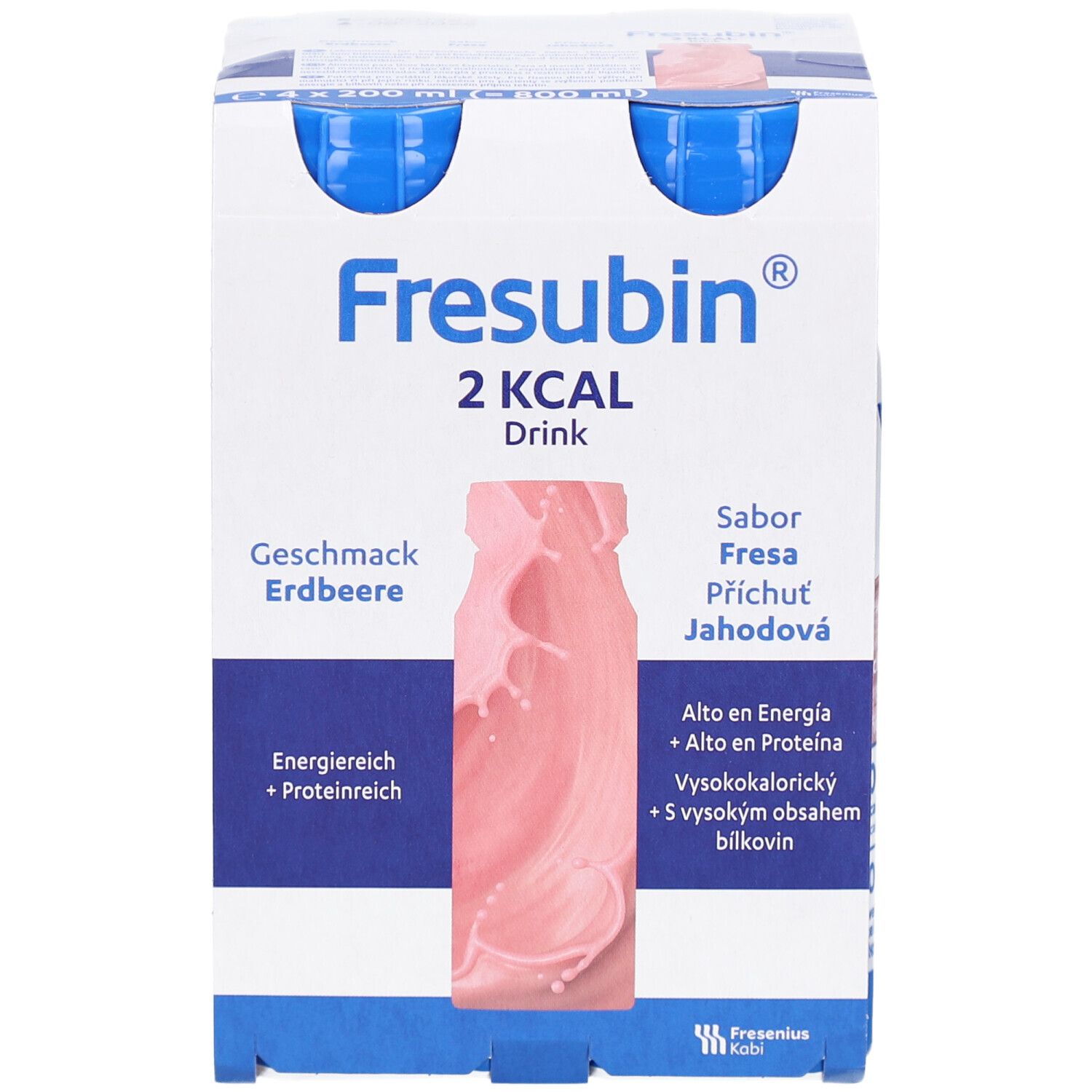 Vorderansicht einer Packung mit vier Flaschen. Aufdruck: Fresubin 2 kcal Drink, Geschmack Erdbeere. Rosa Flüssigkeit.