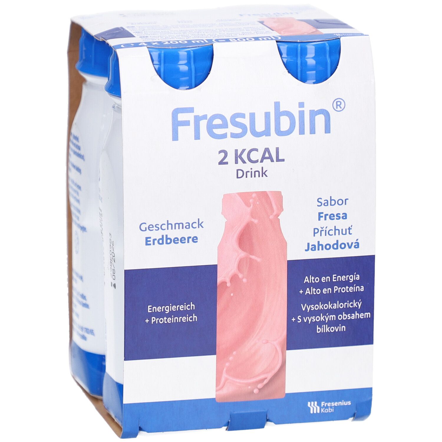 Packung mit vier Flaschen. Aufdruck: Fresubin 2 kcal Drink, Geschmack Erdbeere. Flaschen mit blauem Deckel, rosa Flüssigkeit.