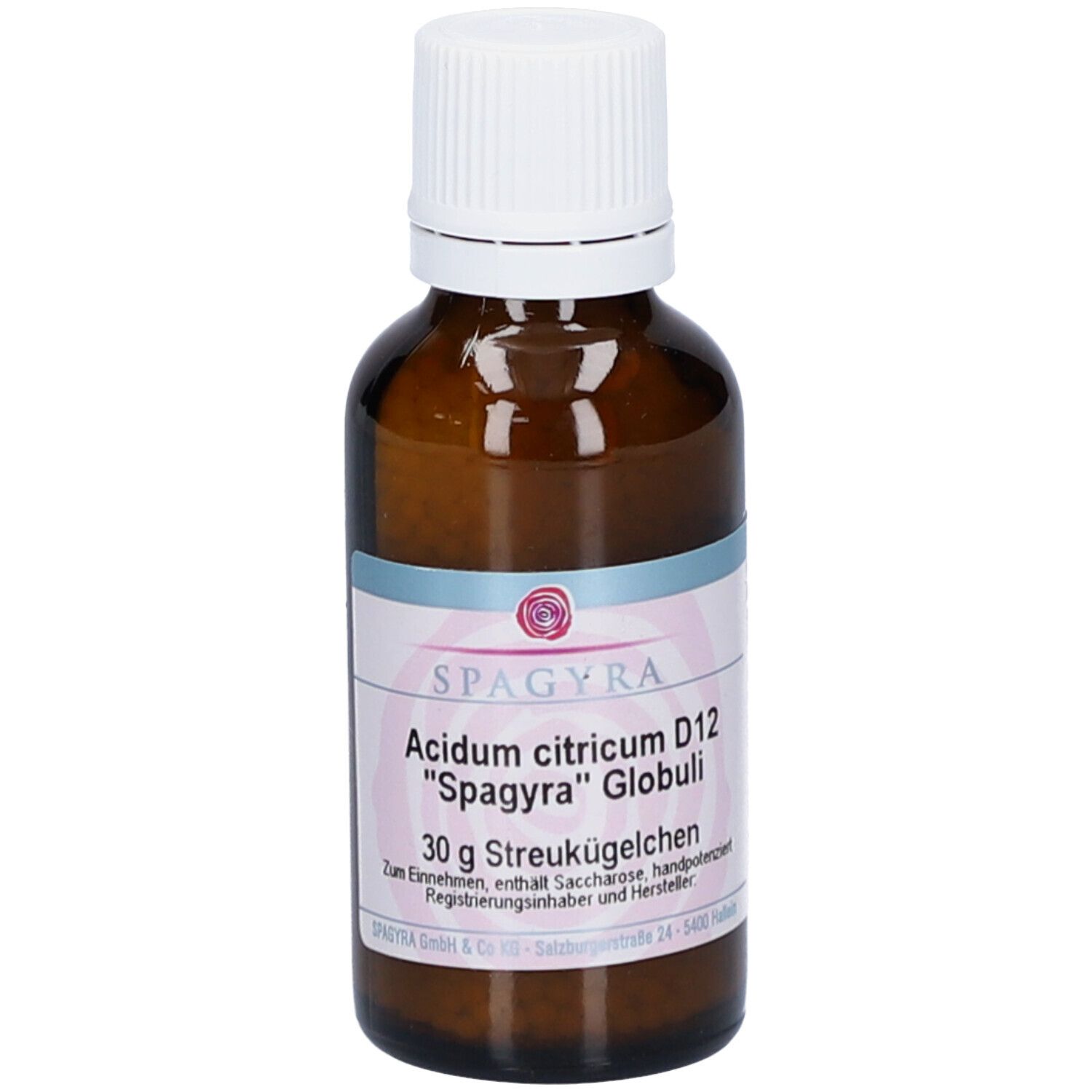 Braune Glasflasche mit weißem Deckel. Etikett mit Produktnamen und Marke SPAGYRA. Enthält Globuli.