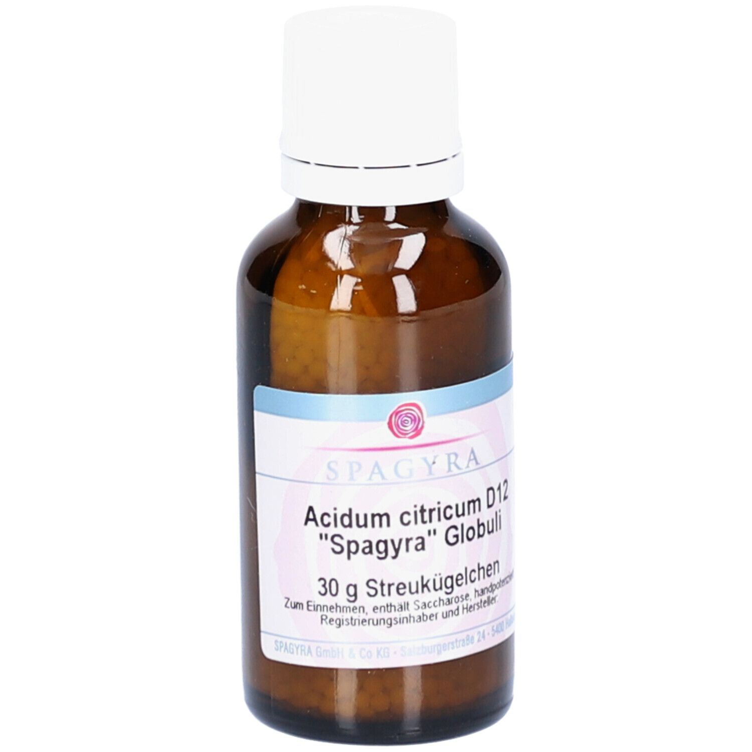 Braune Glasflasche mit weißem Deckel. Etikett mit Produktnamen und Marke SPAGYRA. Enthält Globuli.