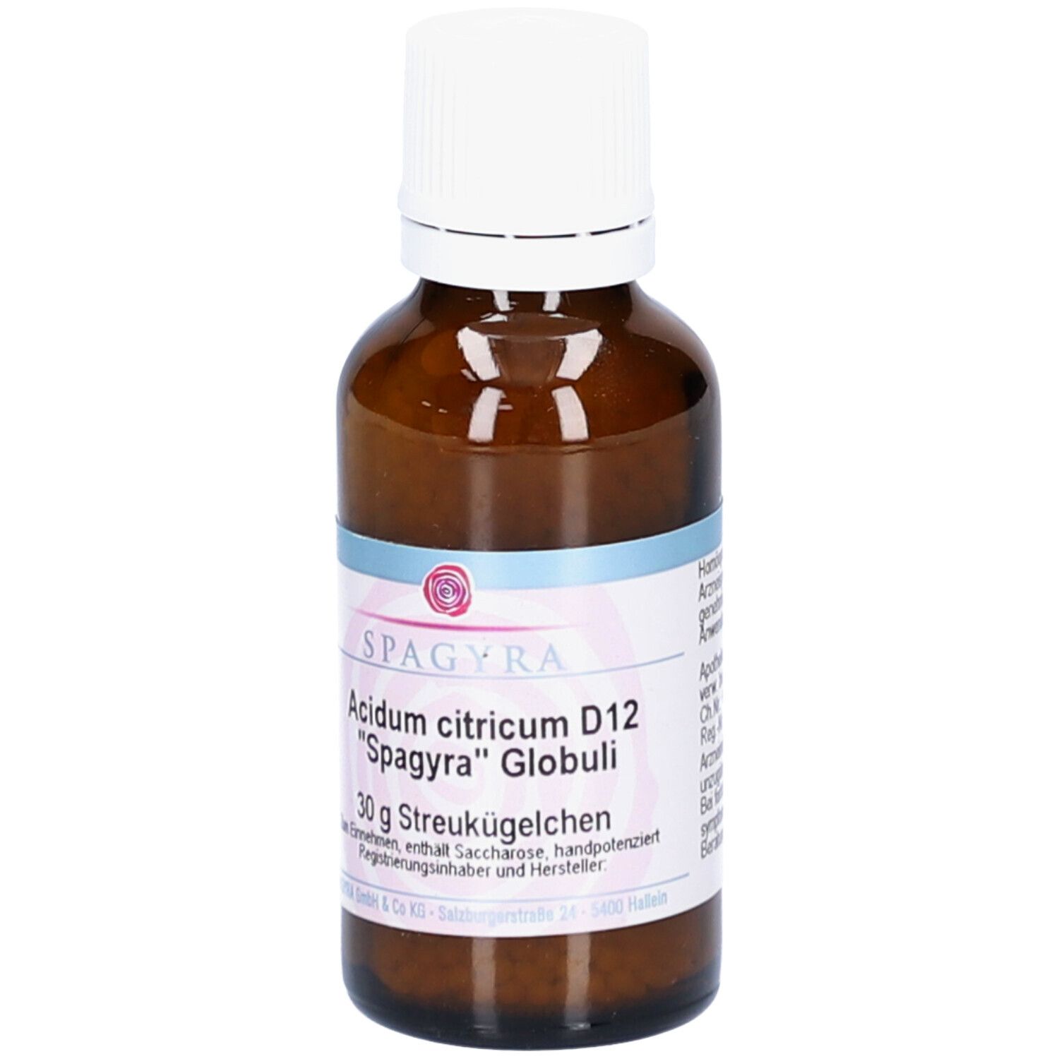Braune Glasflasche mit weißem Deckel. Etikett mit Produktnamen und Marke SPAGYRA. Enthält Globuli.