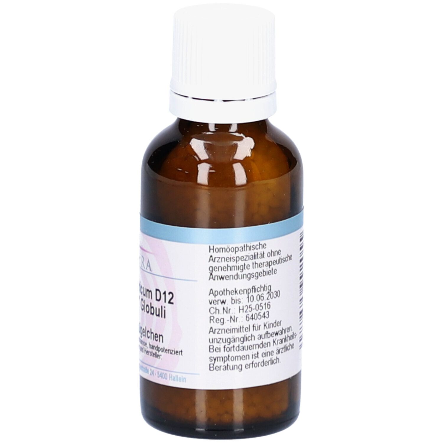 Braune Glasflasche mit weißem Deckel. Etikett mit Produktinformationen und Marke SPAGYRA. Rückansicht.