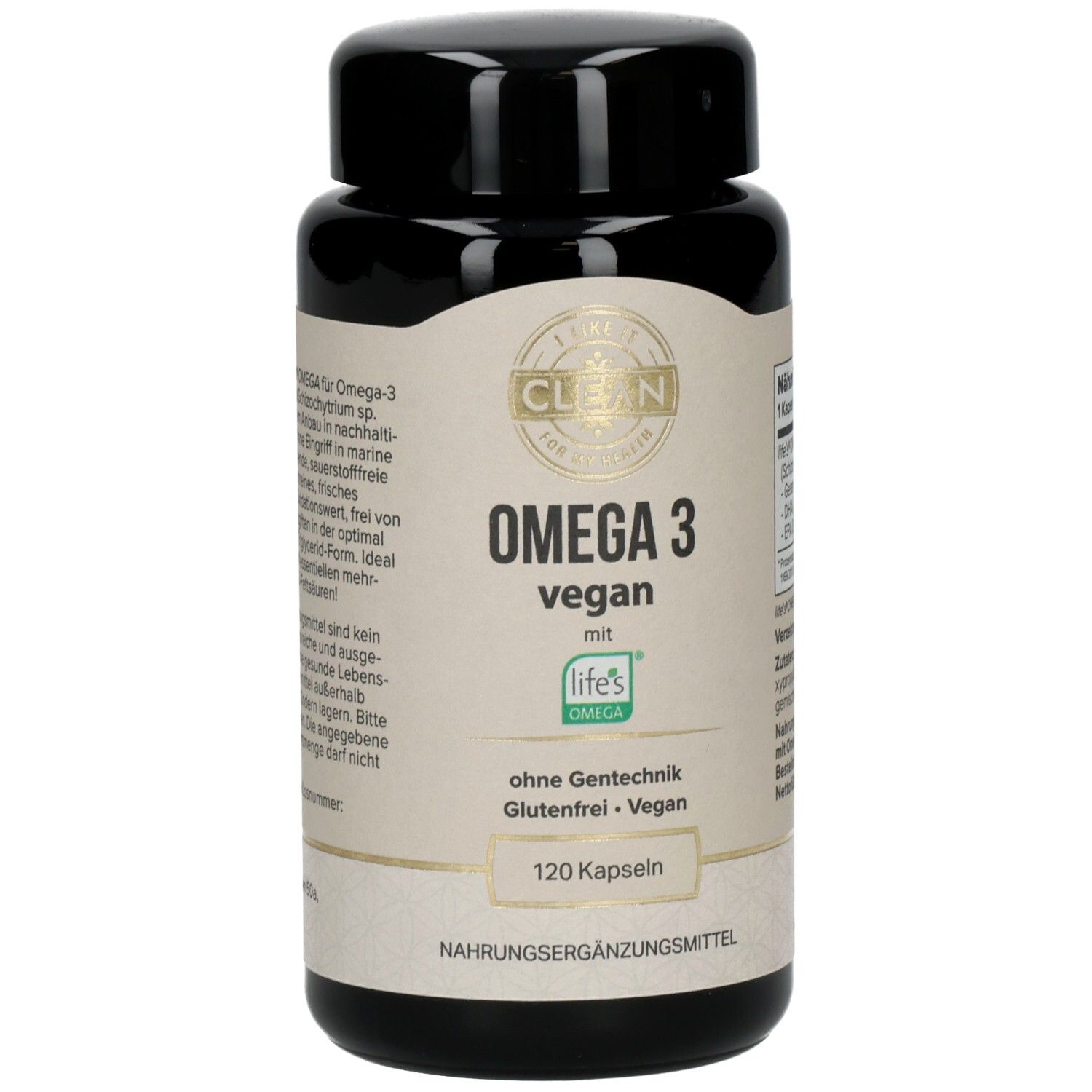 Braune Flasche mit schwarzen Deckel. Aufschrift: Omega 3 vegan. 120 Kapseln. Glutenfrei, vegan.