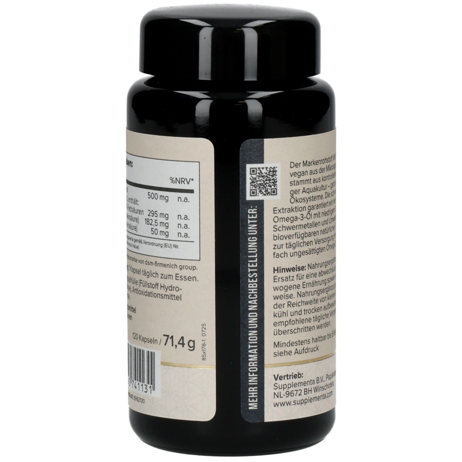 Rückseite der Flasche. Nährwertangaben und Informationen. 120 Kapseln, 71,4 g.