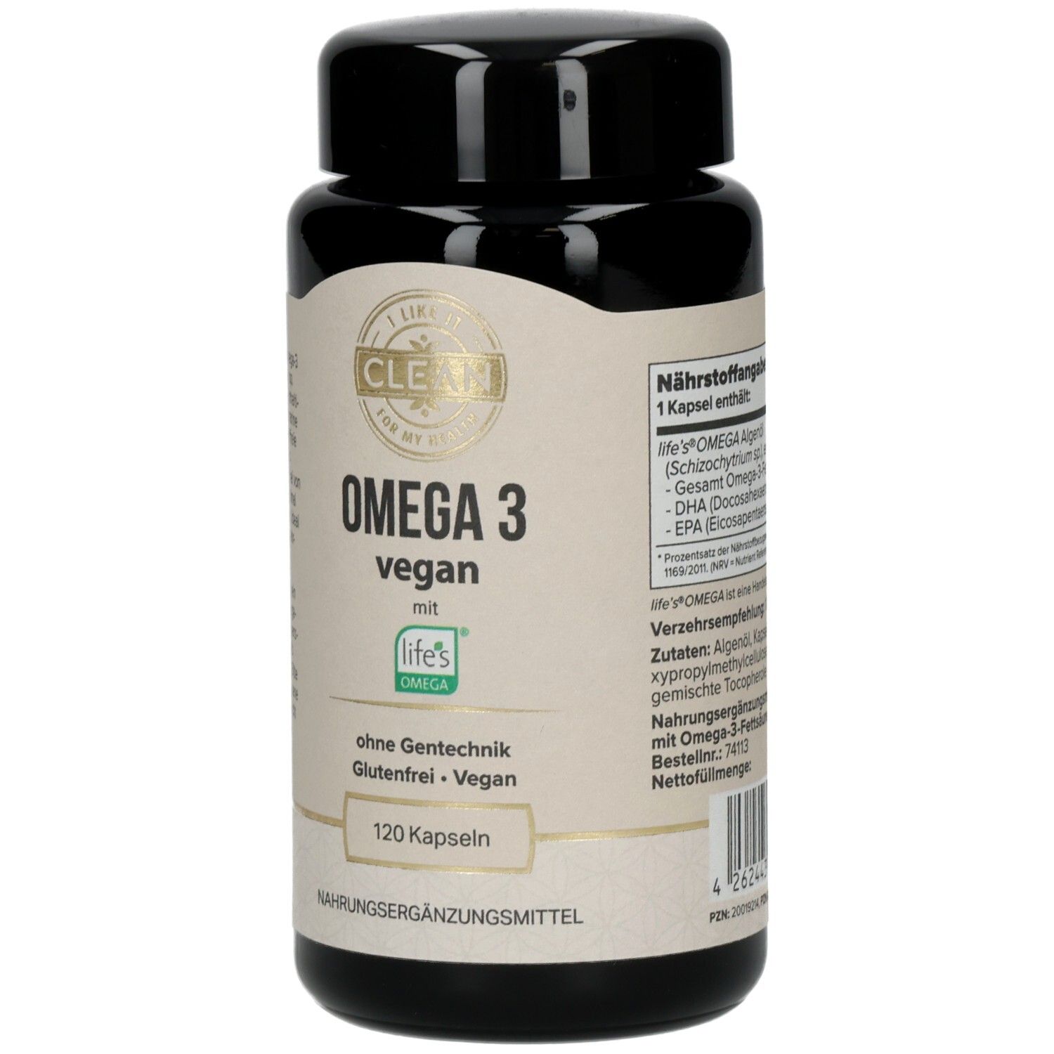 Braune Flasche mit schwarzen Deckel. Aufschrift: Omega 3 vegan. 120 Kapseln. Glutenfrei, vegan.