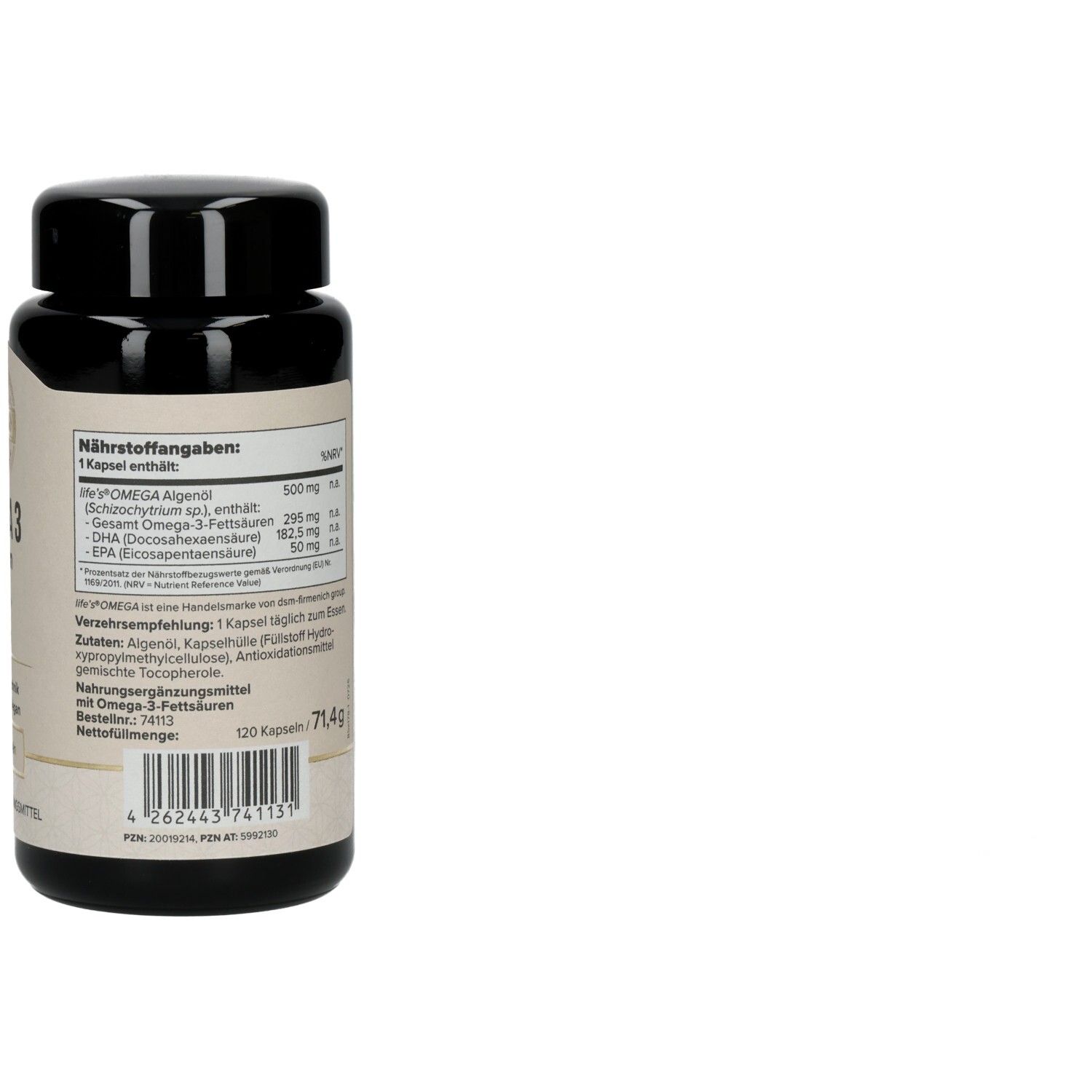 Rückseite der Flasche. Nährwertangaben und Informationen. 120 Kapseln, 71,4 g.