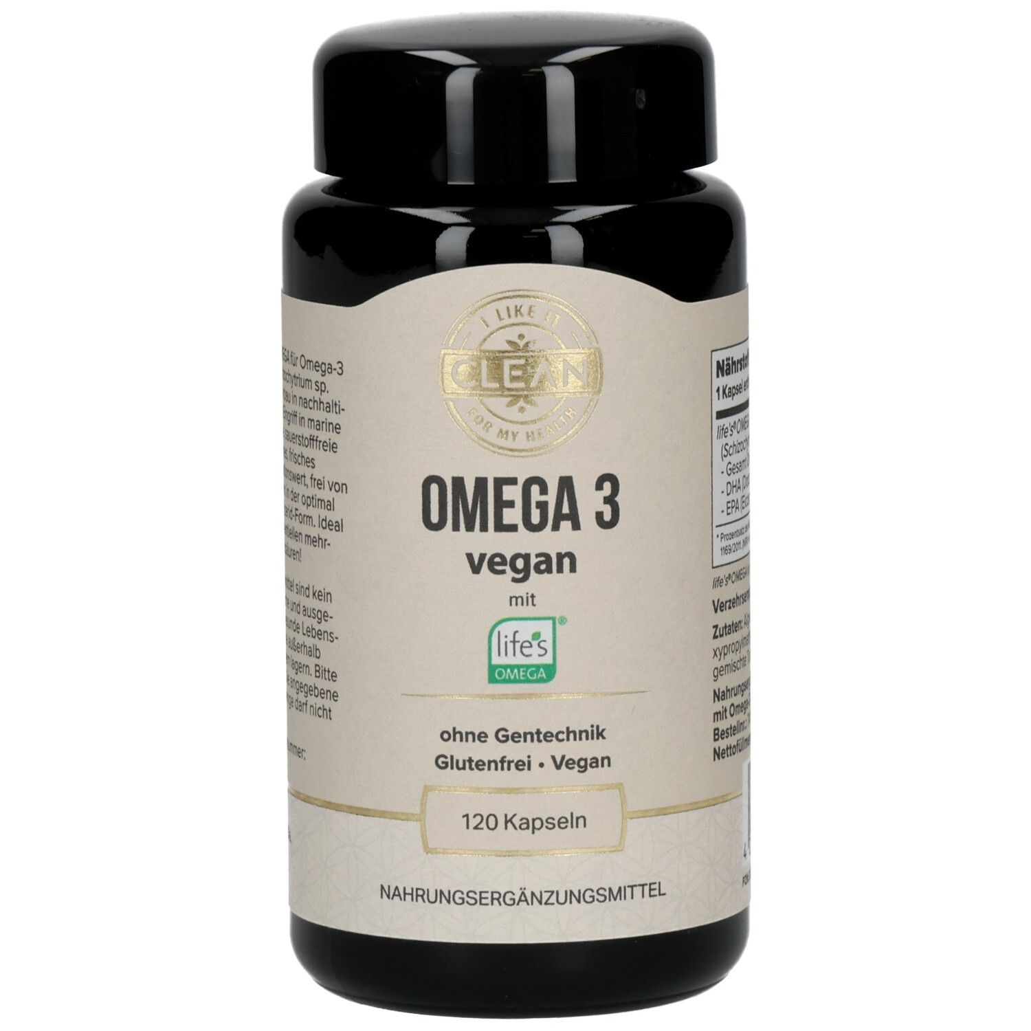 Braune Flasche mit schwarzen Deckel. Aufschrift: Omega 3 vegan. 120 Kapseln. Glutenfrei, vegan.