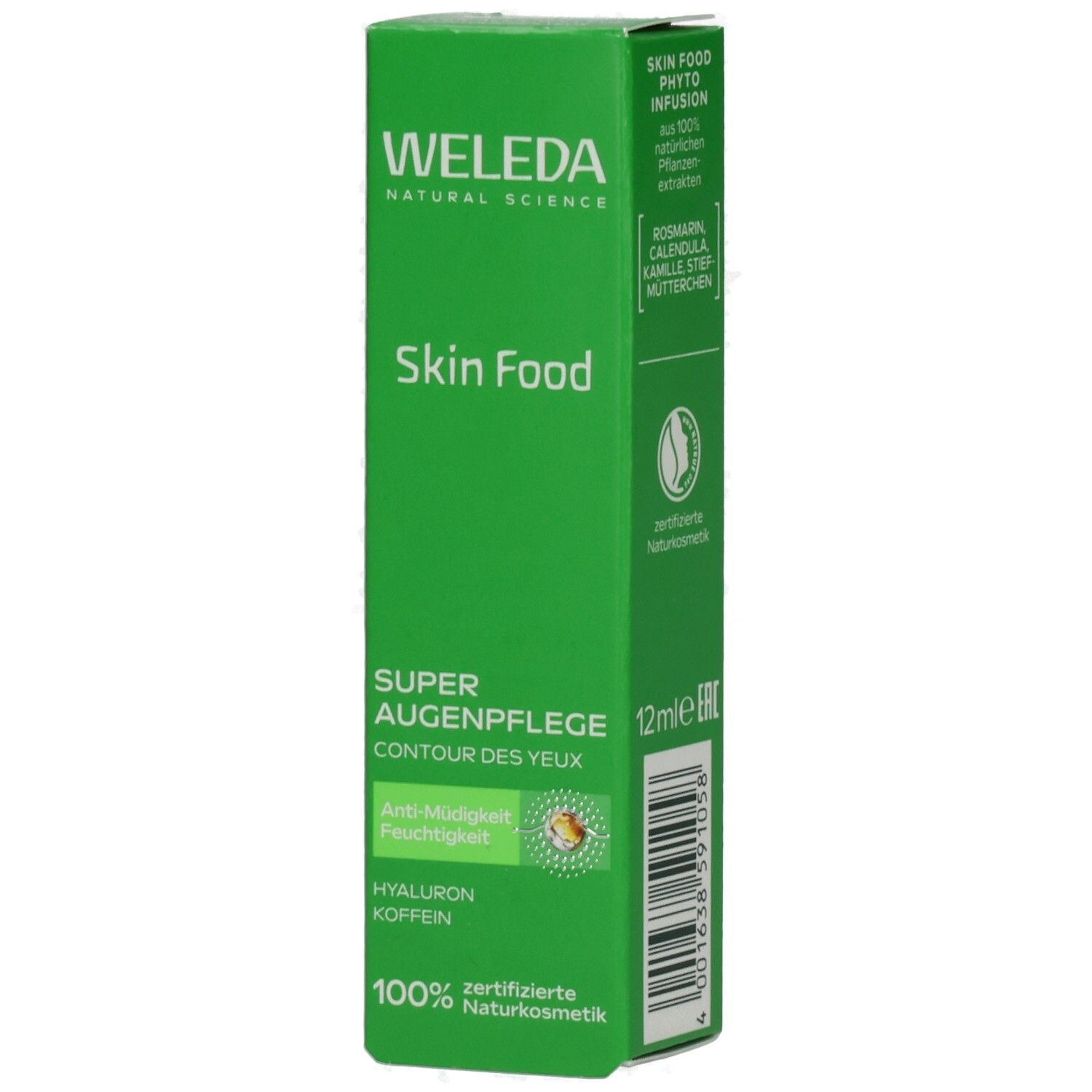 Grüne Verpackung mit Produktnamen Skin Food und Super Augenpflege. Enthält Hyaluron und Koffein. Zertifizierte Naturkosmetik.
