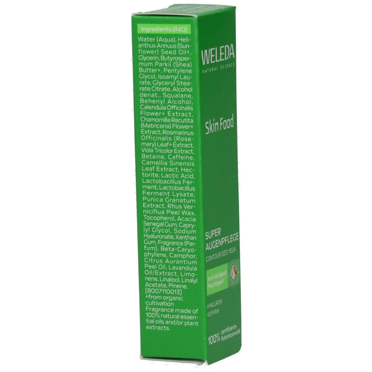 Grüne Verpackung mit Inhaltsstoffen und Produktnamen Skin Food. Enthält zertifizierte Naturkosmetik. Text in deutscher Sprache.