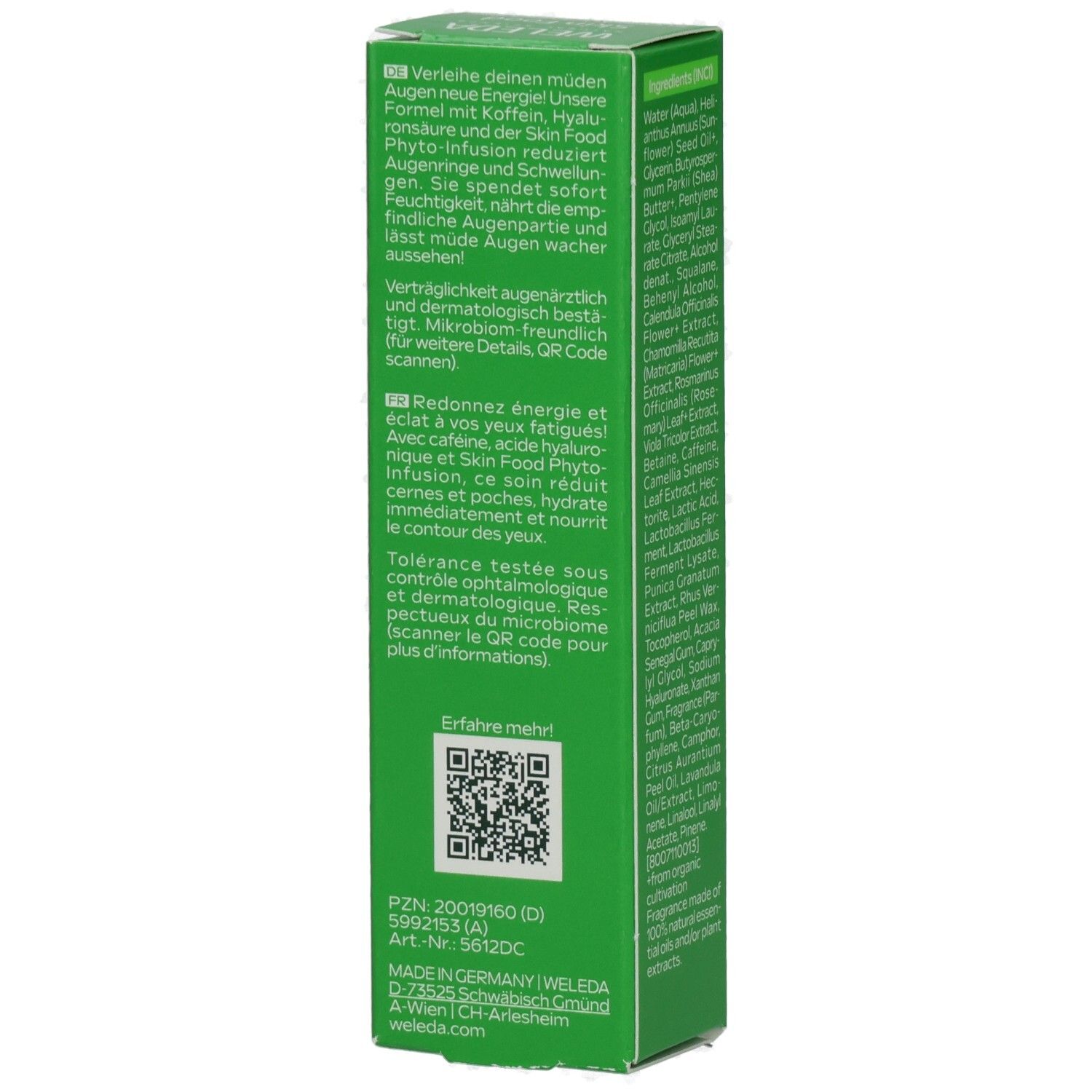 Grüne Verpackung mit Produktinformationen. Enthält QR-Code und Text in deutscher Sprache. Hergestellt in Deutschland.