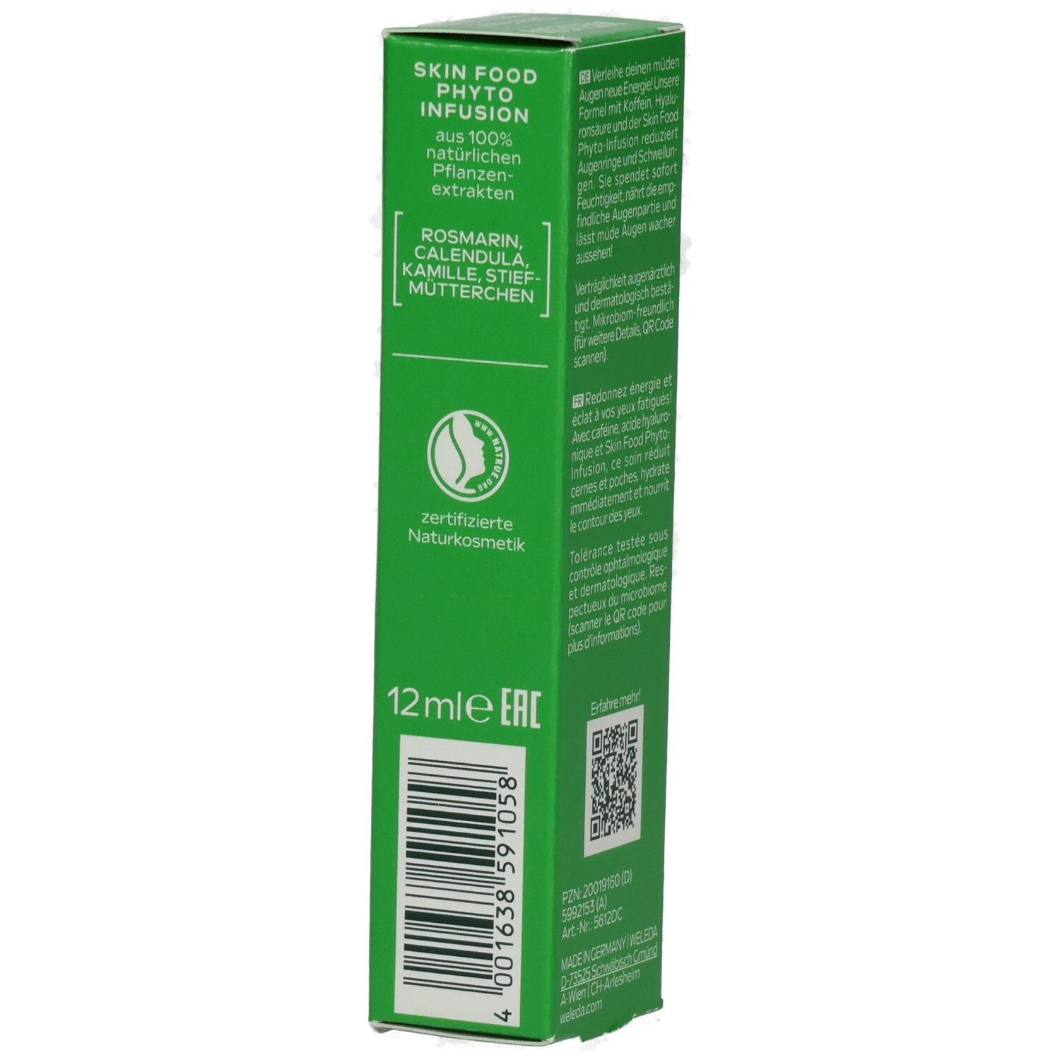 Grüne Verpackung mit Produktnamen Skin Food und Inhaltsstoffen. Enthält zertifizierte Naturkosmetik. 12ml.
