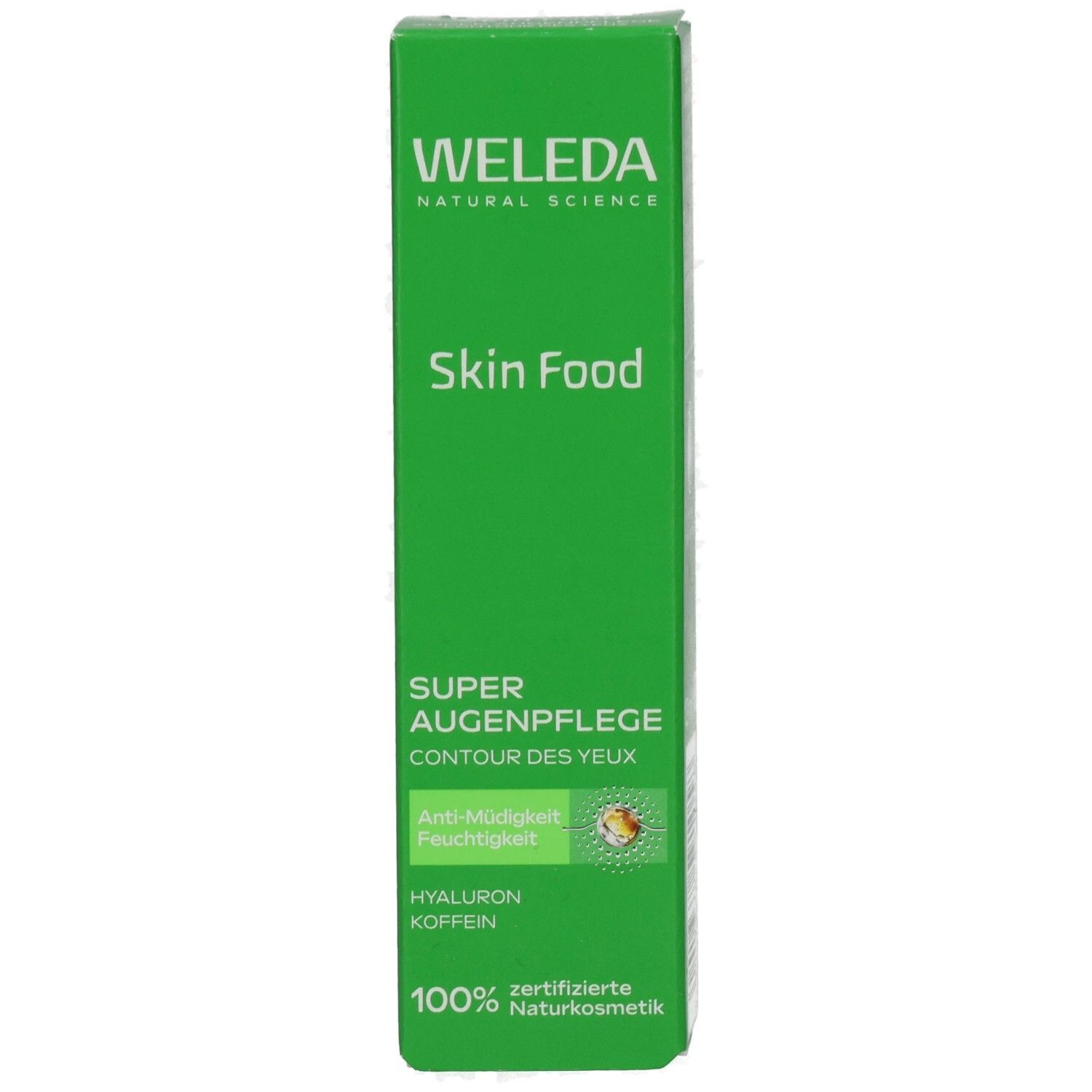 Grüne Verpackung mit Produktnamen Skin Food und Super Augenpflege. Enthält Hyaluron und Koffein. Zertifizierte Naturkosmetik.