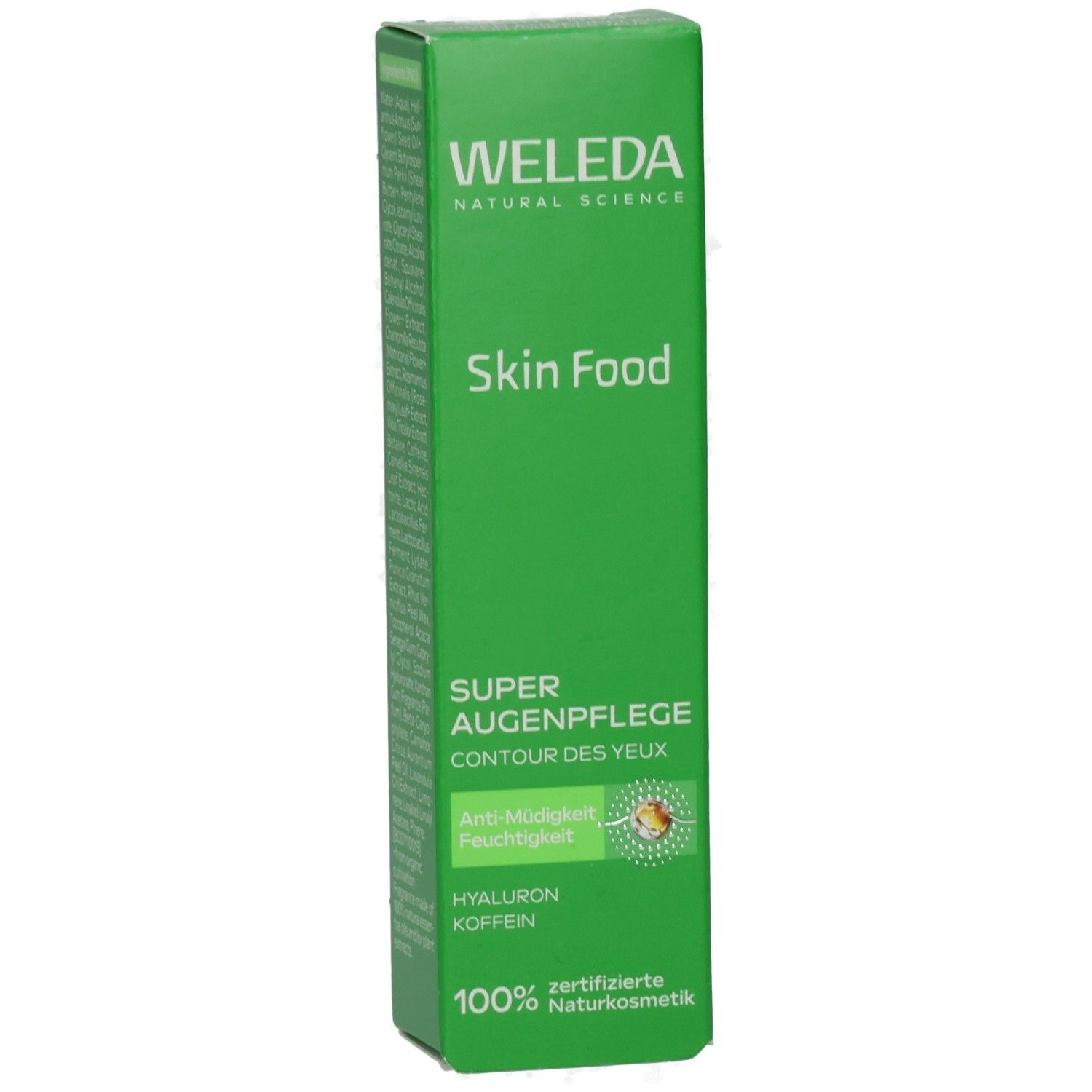 Grüne Verpackung mit Produktnamen Skin Food und Super Augenpflege. Enthält Hyaluron und Koffein. Zertifizierte Naturkosmetik.
