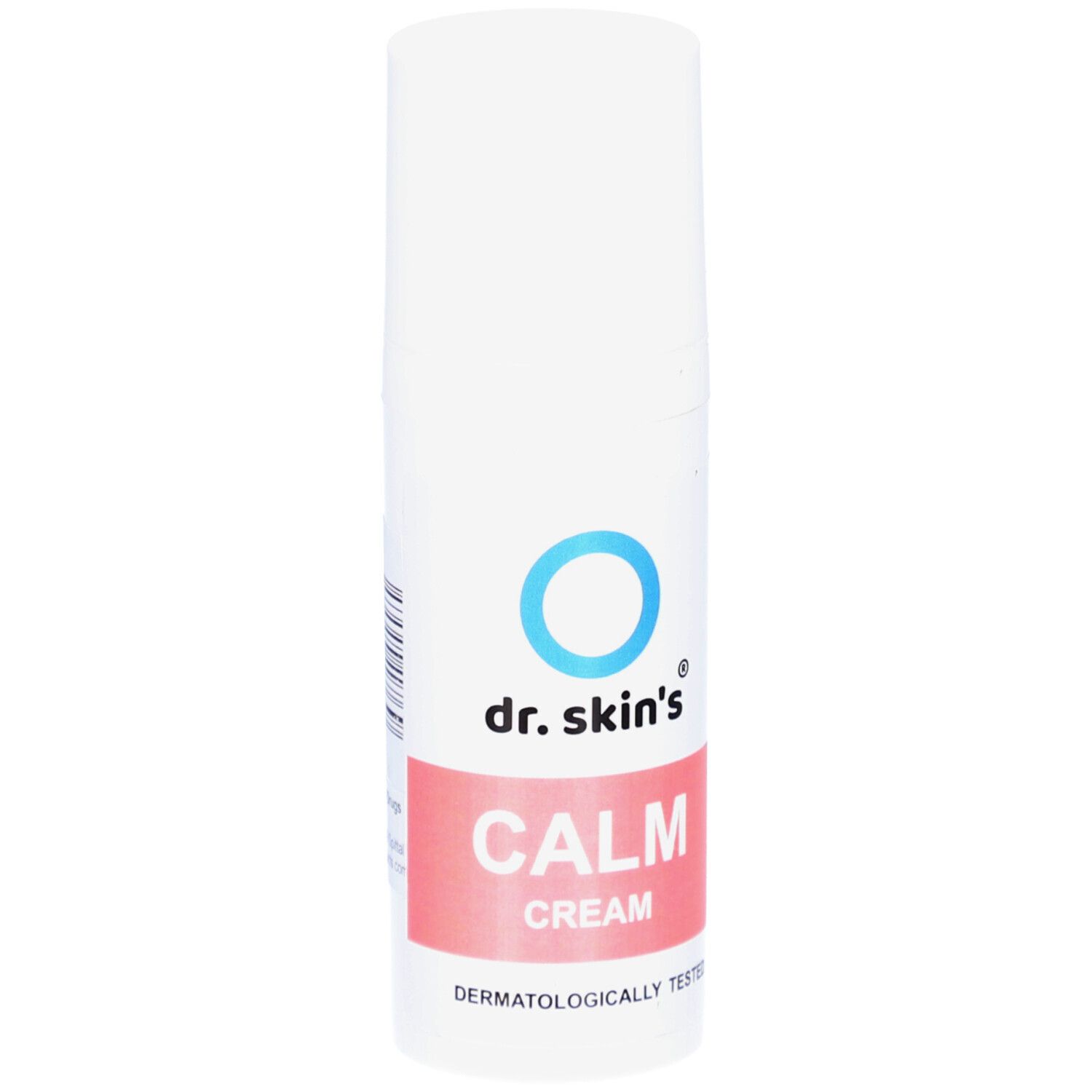 Weiß-blaue Creme-Tube. Aufschrift: dr. skin's, CALM CREAM. Dermatologisch getestet.