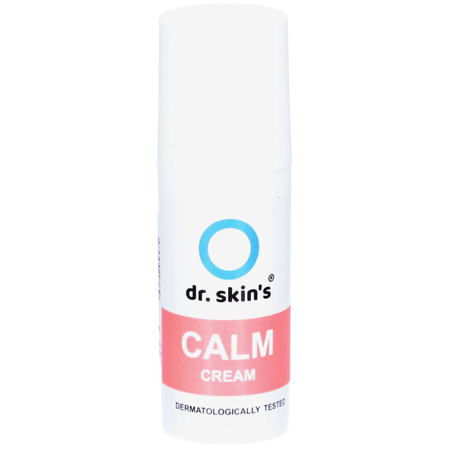 Weiß-blaue Creme-Tube. Aufschrift: dr. skin's, CALM CREAM. Dermatologisch getestet.