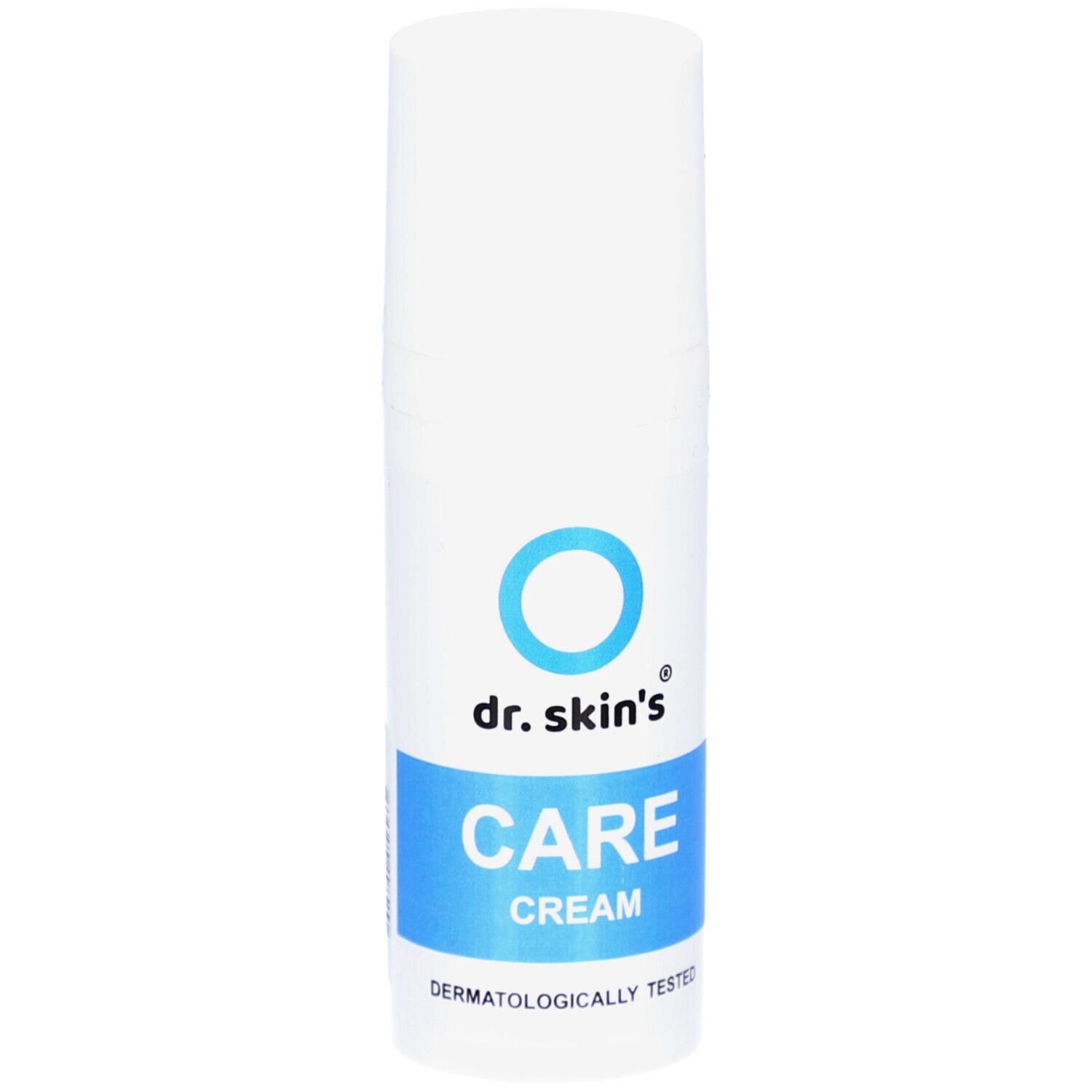 Weiße Tube mit blauem Etikett. Aufschrift: dr. skin's CARE CREAM. Dermatologisch getestet. Blaues Logo.