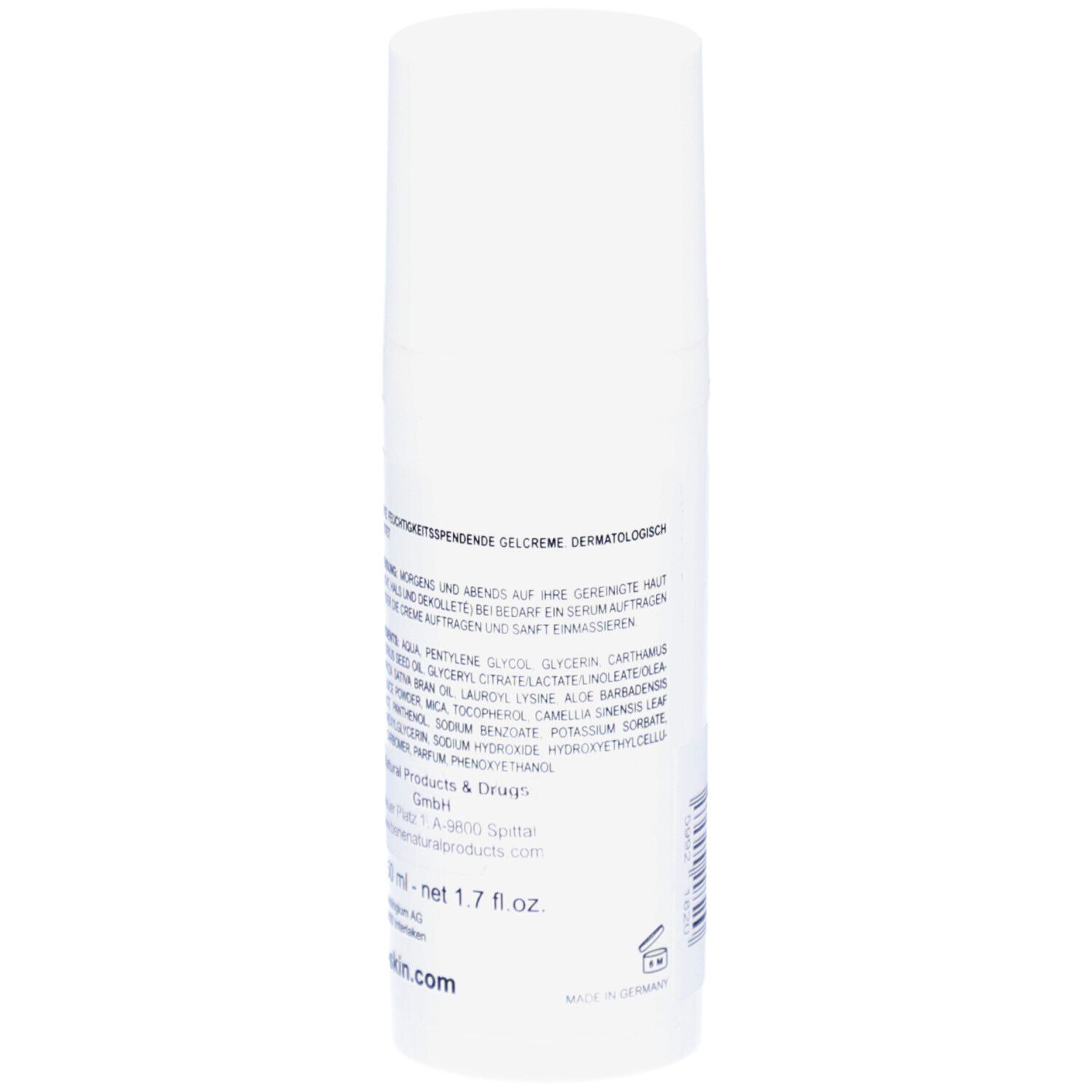 Weiße Tube, Rückseite. Text mit Inhaltsstoffen und Herstellerangaben. Aufschrift: CARE CREAM.