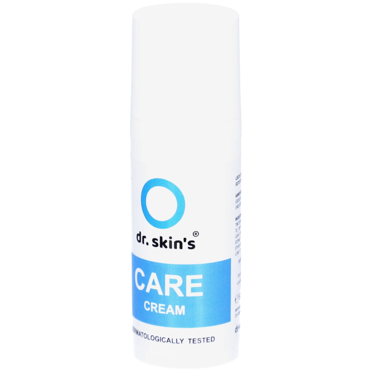 Weiße Tube mit blauem Etikett. Aufschrift: dr. skin's CARE CREAM. Dermatologisch getestet. Blaues Logo.