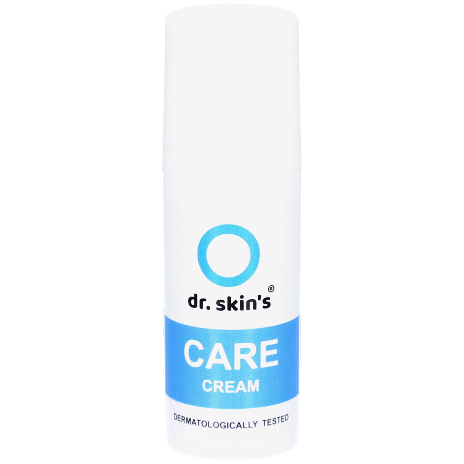 Weiße Tube mit blauem Etikett. Aufschrift: dr. skin's CARE CREAM. Dermatologisch getestet. Blaues Logo.