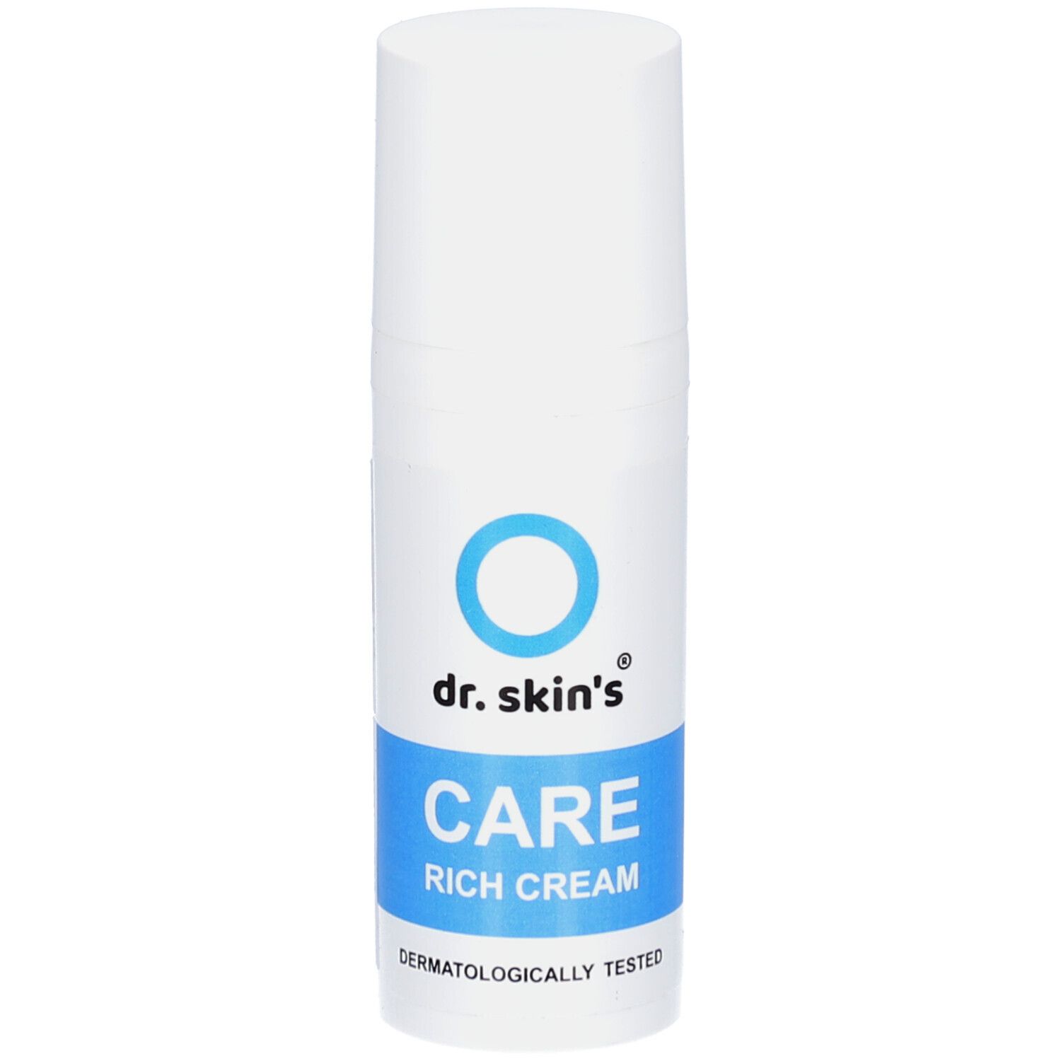 Weiße Tube mit blauem Streifen. Darauf: dr. skin's, CARE RICH CREAM. Dermatologisch getestet.