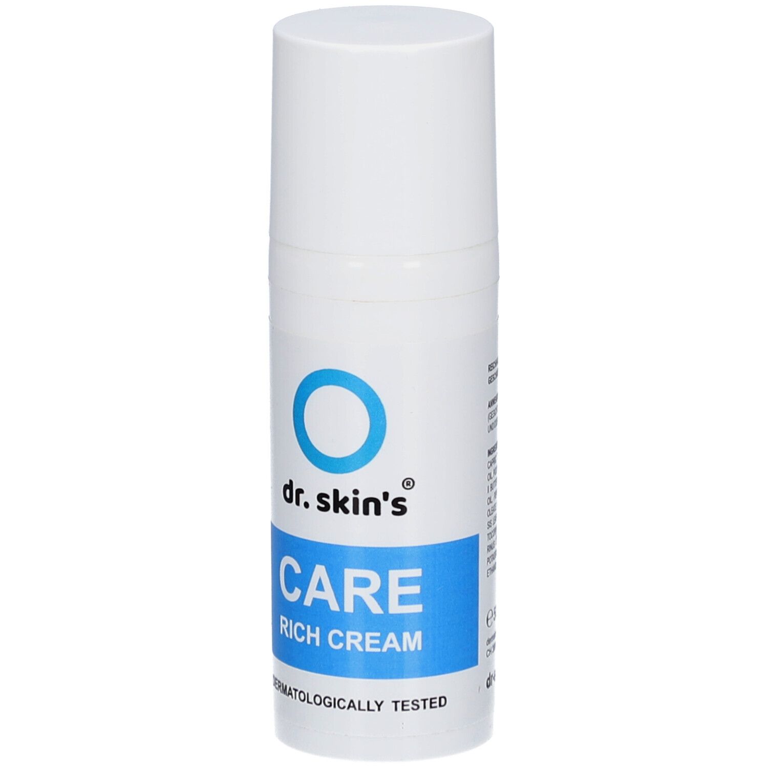Weiße Tube mit blauem Streifen. Aufdruck: dr. skin's, CARE RICH CREAM. Dermatologisch getestet.