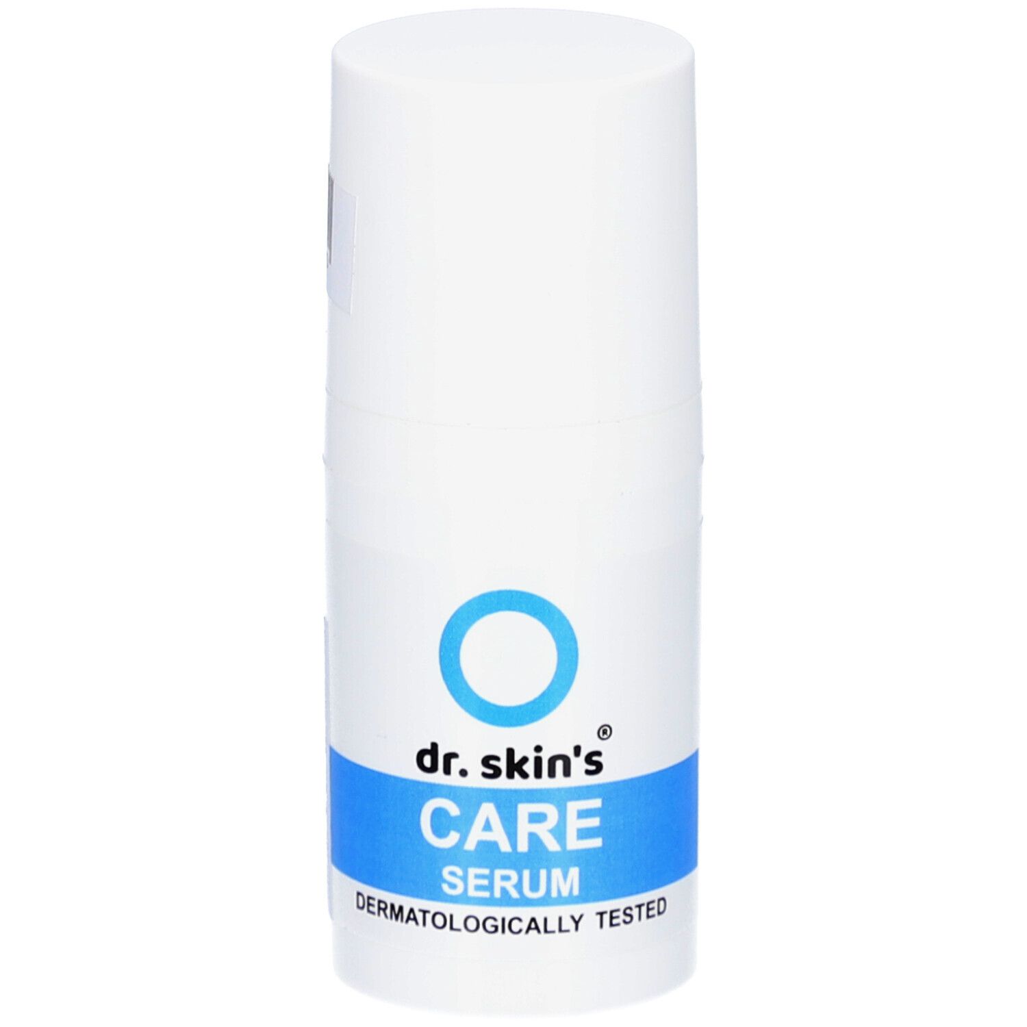 Weißer Zylinder mit blauem Streifen und Text. Logo: blauer Kreis, darunter "dr. skin's CARE SERUM". Aufschrift: "DERMATOLOGICALLY TESTED".