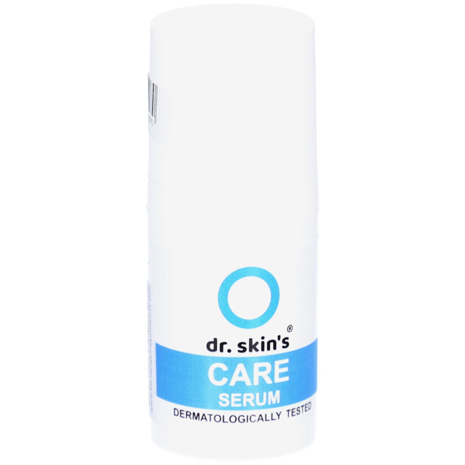 Weißer Zylinder mit blauem Streifen und Text. Logo: blauer Kreis, darunter "dr. skin's CARE SERUM". Aufschrift: "DERMATOLOGICALLY TESTED".