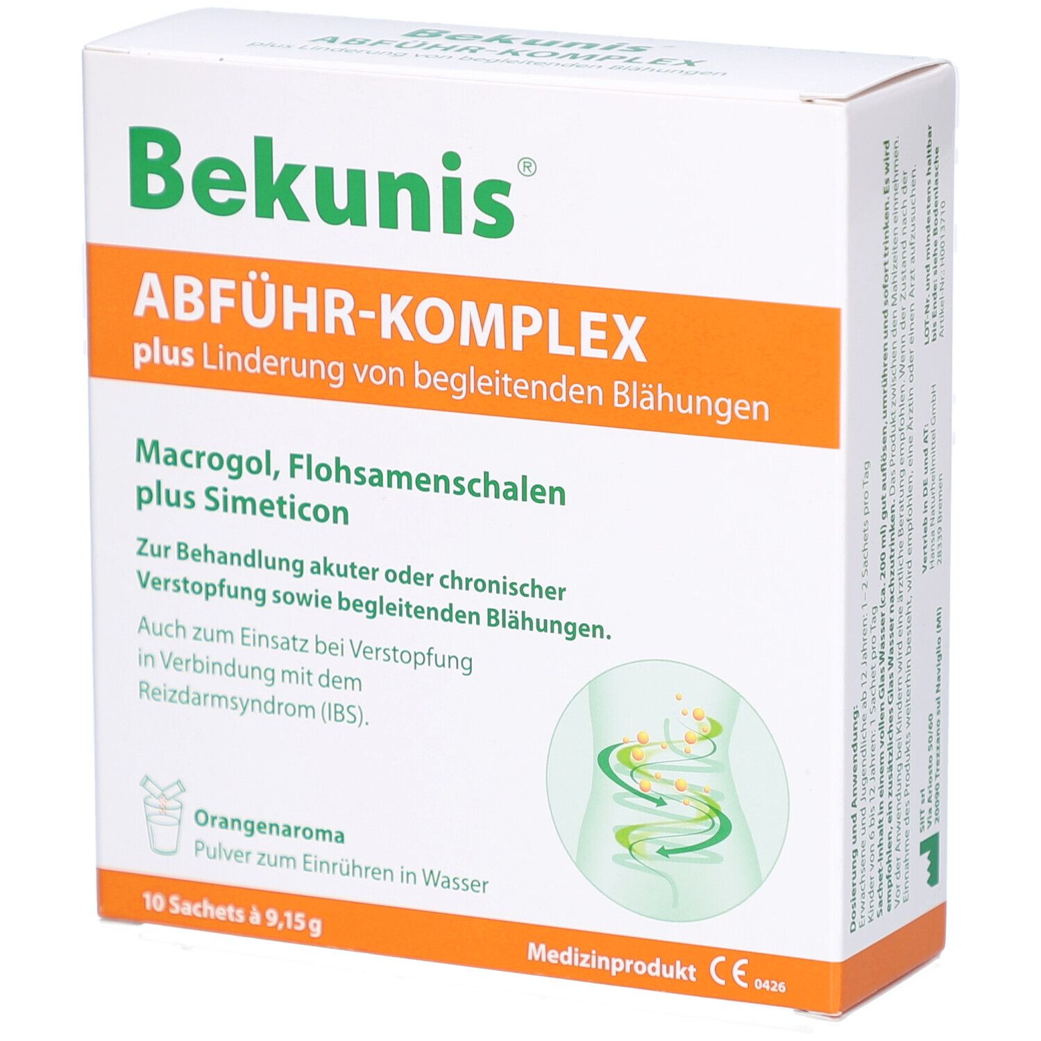 Weiße Schachtel mit Bekunis-Logo und ABFÜHR-KOMPLEX-Schriftzug. Enthält 10 Sachets. Medizinprodukt mit CE-Kennzeichnung.