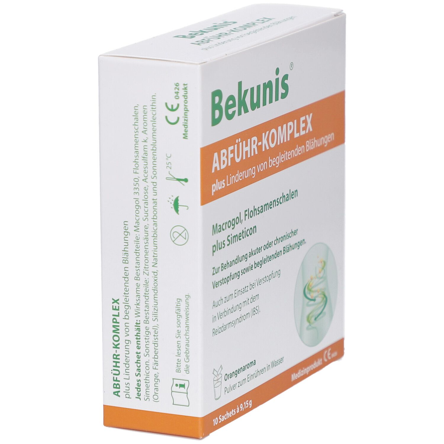 Weiße Schachtel mit Bekunis-Logo und ABFÜHR-KOMPLEX-Schriftzug. Enthält Informationen zu Inhaltsstoffen und Anwendung.