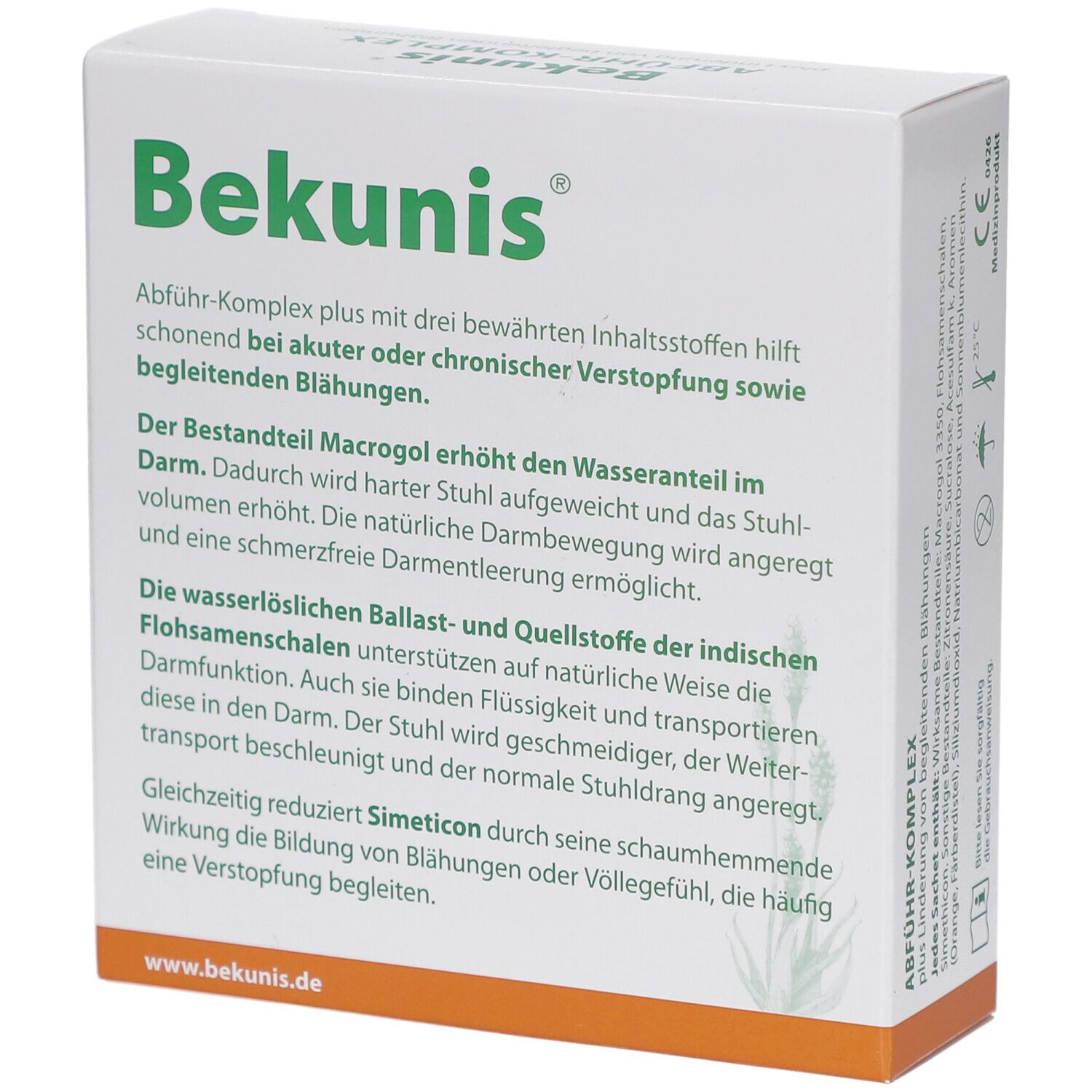 Weiße Schachtel mit Bekunis-Logo. Text beschreibt die Wirkung von Macrogol und Flohsamenschalen. Enthält Informationen.
