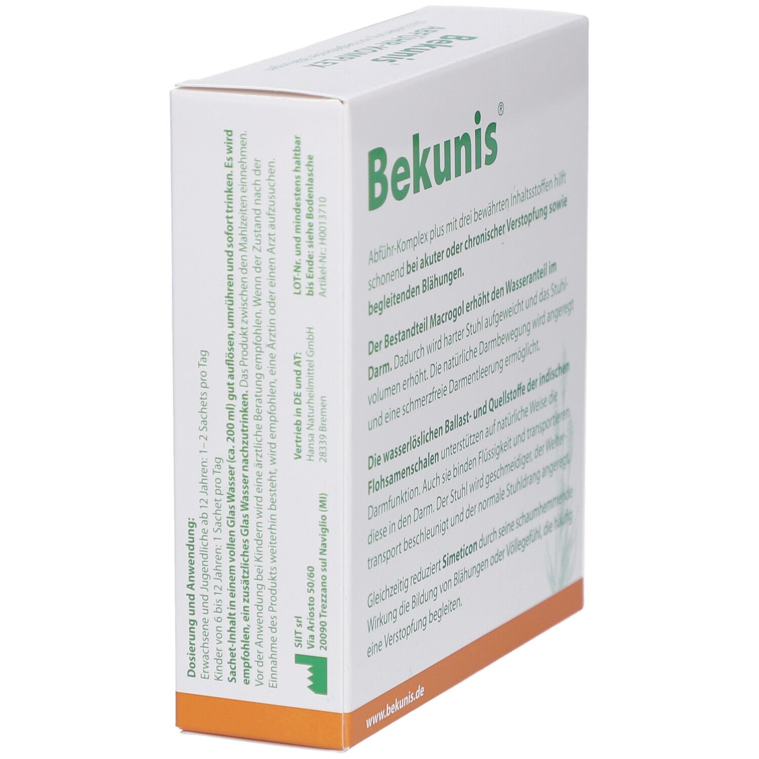 Schachtel mit Bekunis-Logo und ABFÜHR-KOMPLEX. Enthält Informationen zur Dosierung und Anwendung. Medizinprodukt.