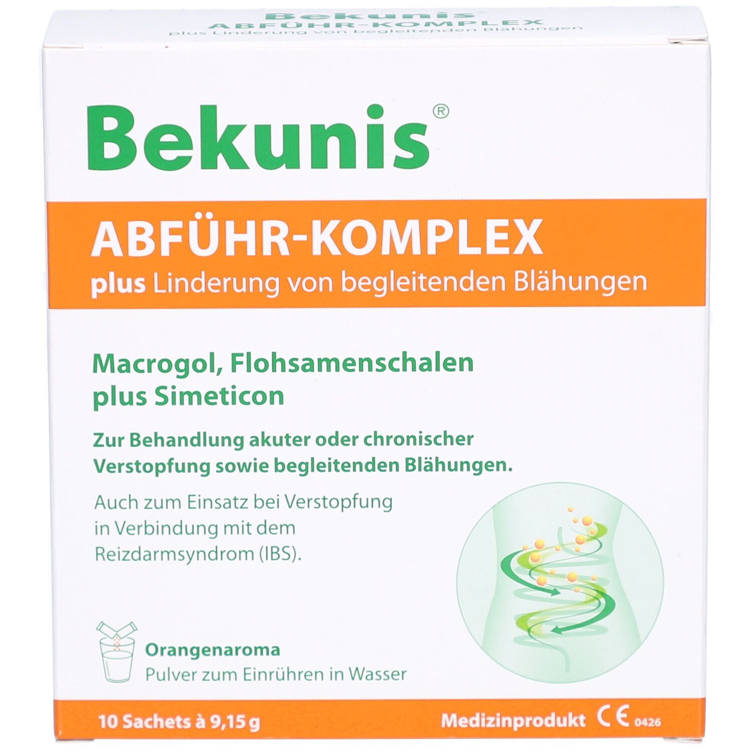 Weiße Schachtel mit Bekunis-Logo und ABFÜHR-KOMPLEX-Schriftzug. Enthält 10 Sachets. Medizinprodukt mit CE-Kennzeichnung.