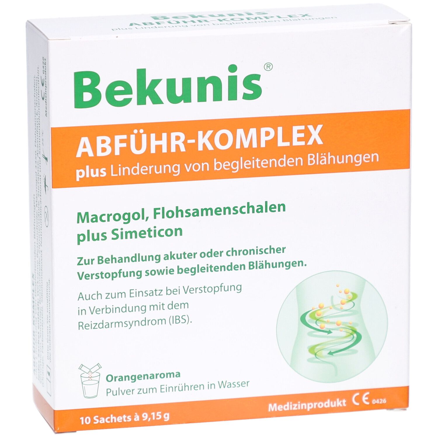 Weiße Schachtel mit Bekunis-Logo und ABFÜHR-KOMPLEX-Schriftzug. Enthält 10 Sachets. Medizinprodukt mit CE-Kennzeichnung.
