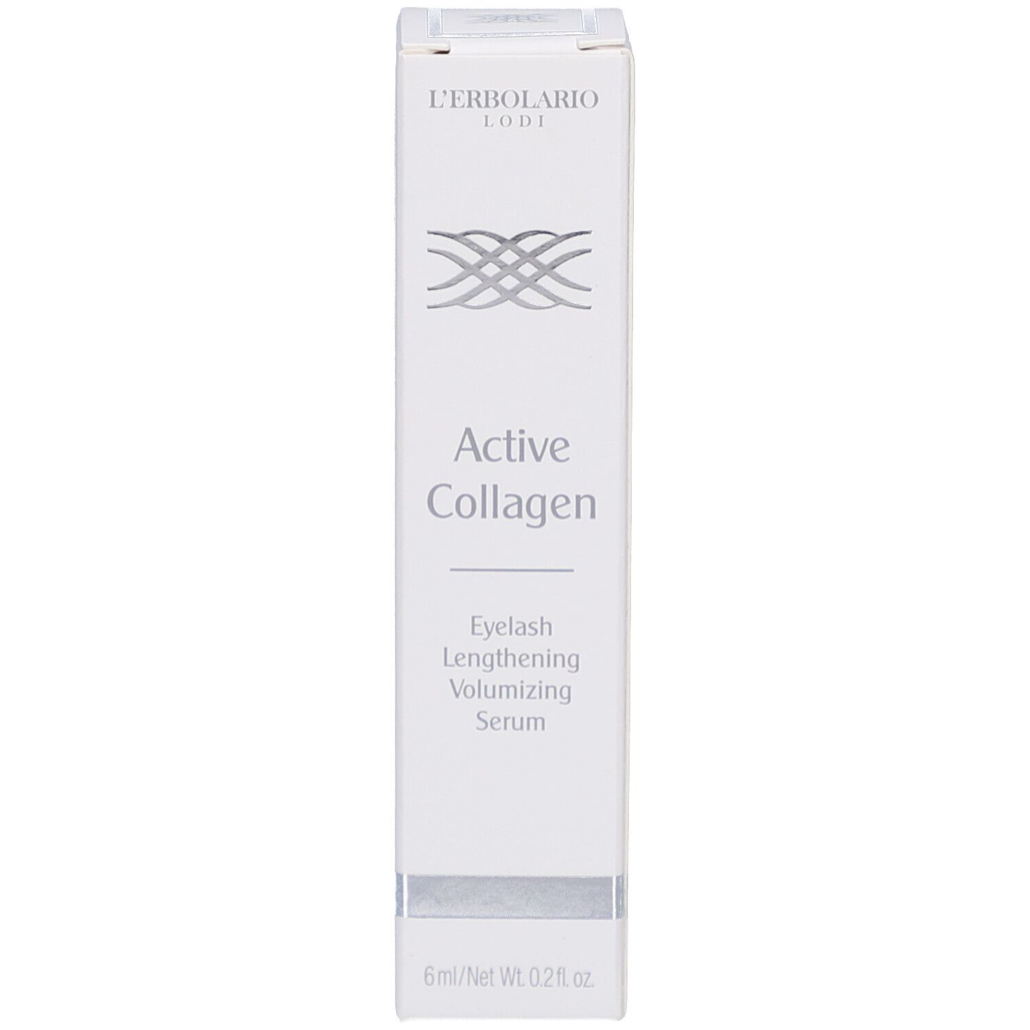 Produkt und Verpackung. Weiße Schachtel. Text: L'Erbolario, Active Collagen, 6ml/Net Wt. 0.2 fl. oz.