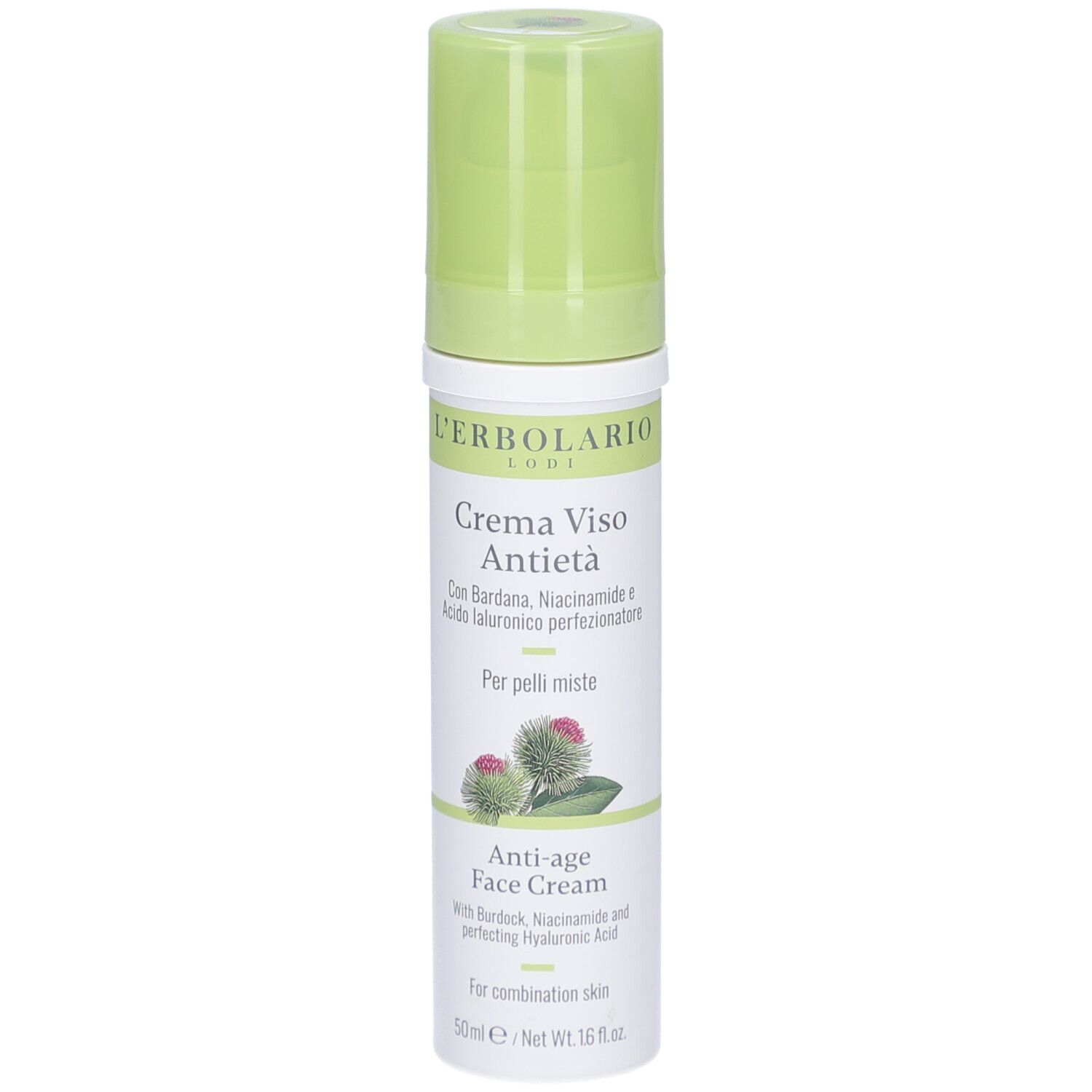 Creme-Flakon mit grünem Deckel. Aufschrift: L'Erbolario, Crema Viso Antietà, Anti-age Face Cream. Abbildung von Distelblüten.