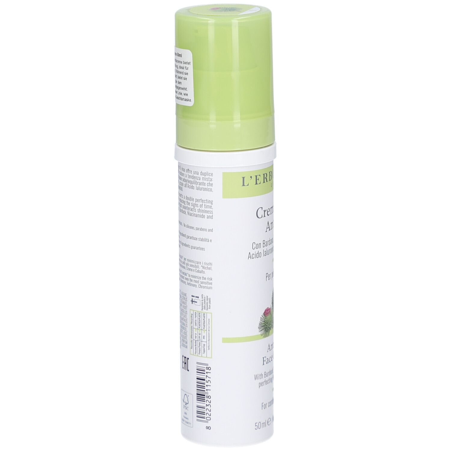 Creme-Flakon, seitliche Ansicht. Grüner Deckel, weißer Behälter. Aufkleber mit Text und Barcode. Text in italienischer Sprache.