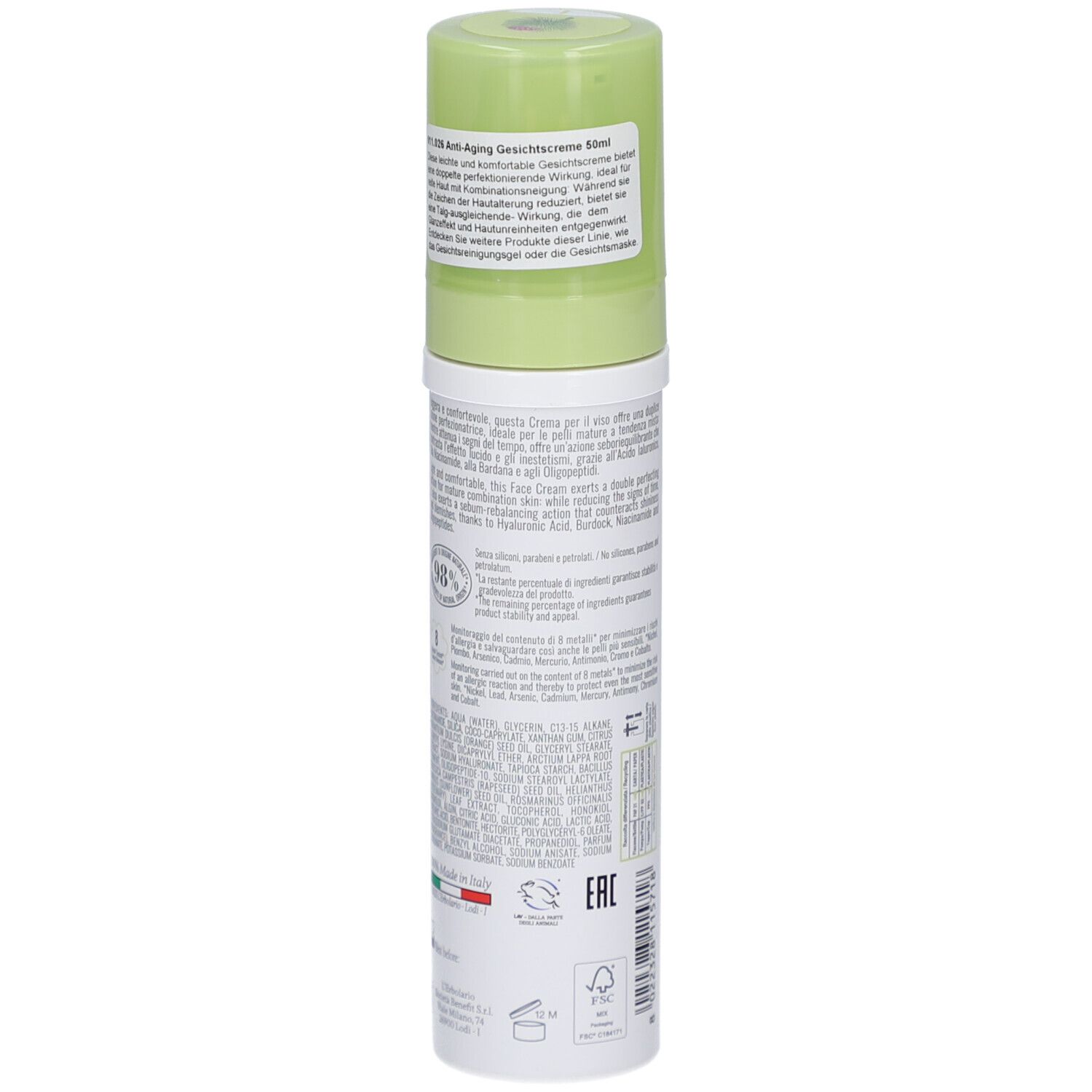 Creme-Flakon, Rückansicht. Grüner Deckel, weißer Behälter. Text in italienischer Sprache. Logos und Zertifizierungen.