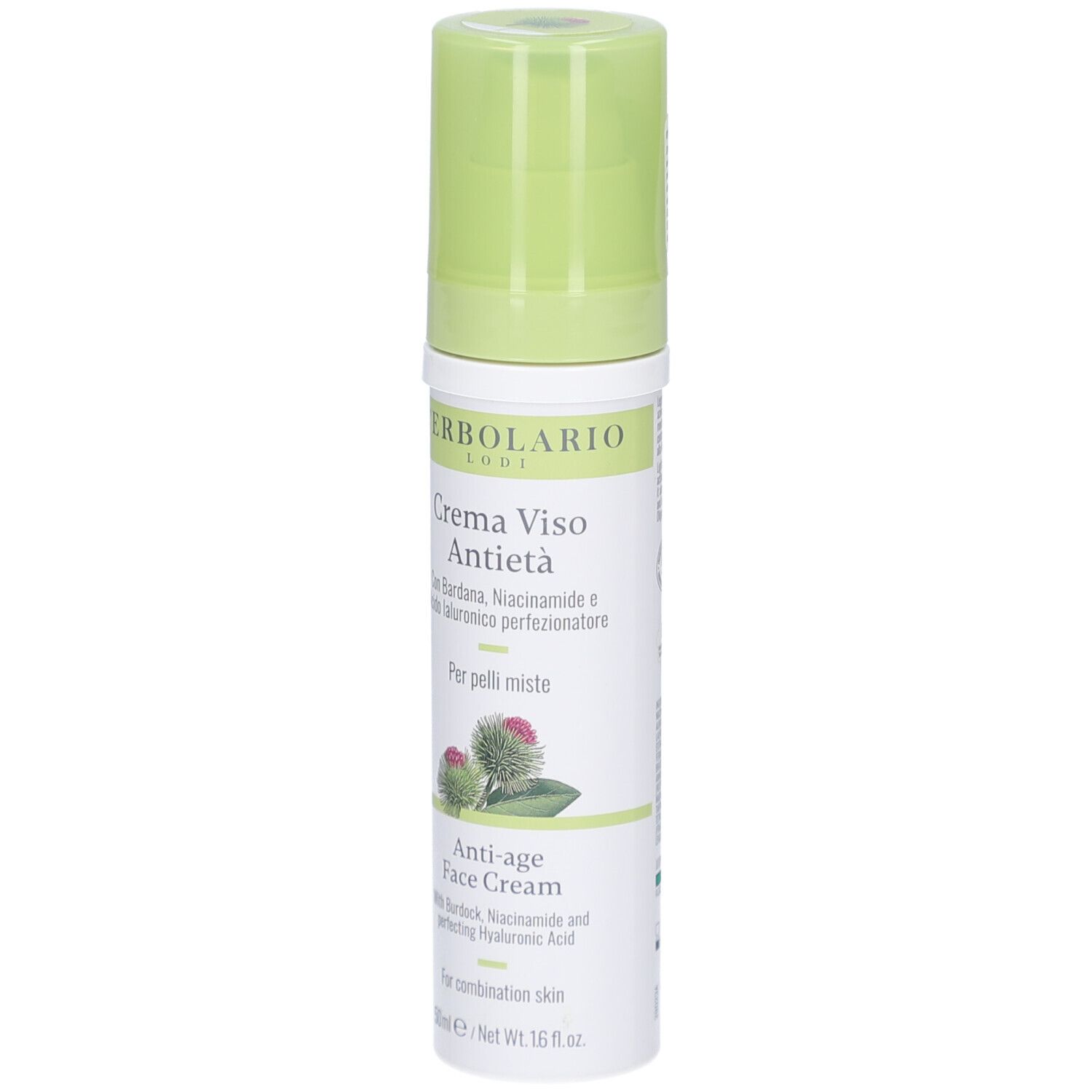 Creme-Flakon mit grünem Deckel. Aufschrift: L'Erbolario, Crema Viso Antietà, Anti-age Face Cream. Abbildung von Distelblüten.