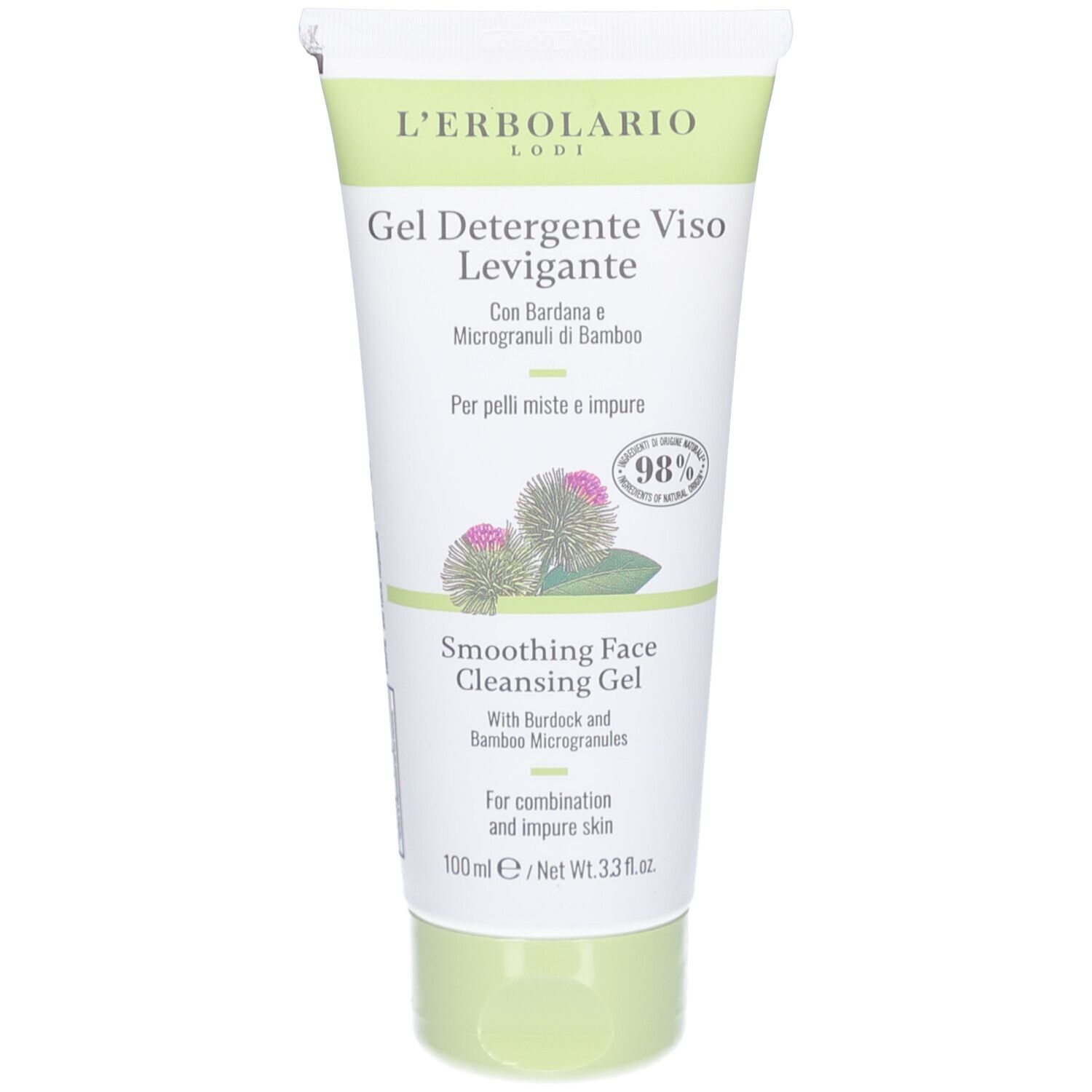 Weiß-grüne Tube mit Produktbezeichnung und floraler Illustration. Text: Gel Detergente Viso Levigante, 98% Inhaltsstoffe natürlichen Ursprungs.