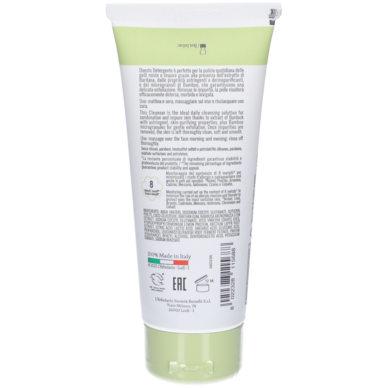 Rückseite einer weiß-grünen Tube. Text: Inhaltsstoffe, Herkunft Italien, Recycling-Logo, EAN-Code und weitere Informationen.