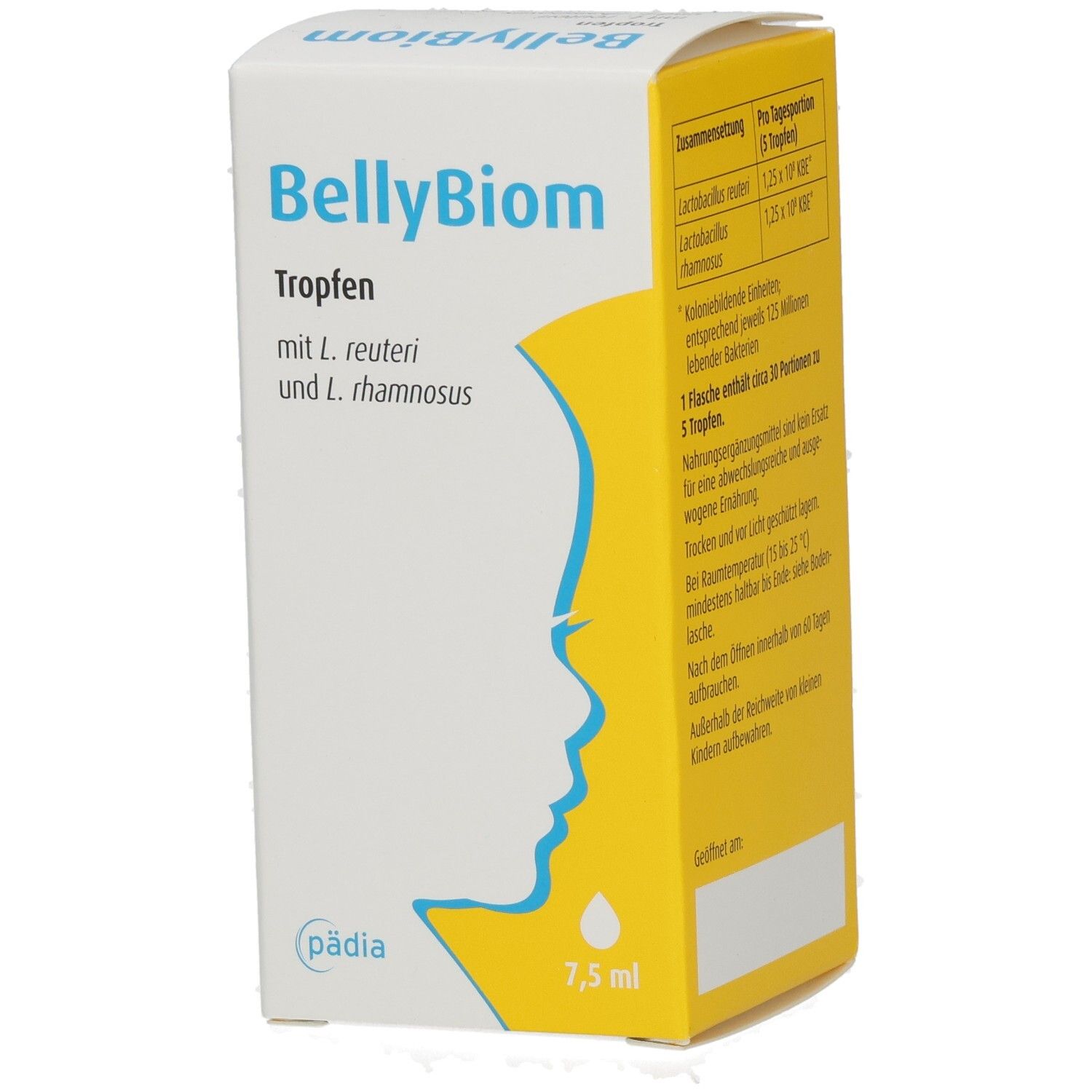 Karton mit Produktnamen BellyBiom. Enthält Tropfen mit L. reuteri und L. rhamnosus. 7,5 ml. Auf der Verpackung sind Informationen zur Zusammensetzung und Dosierung angegeben.