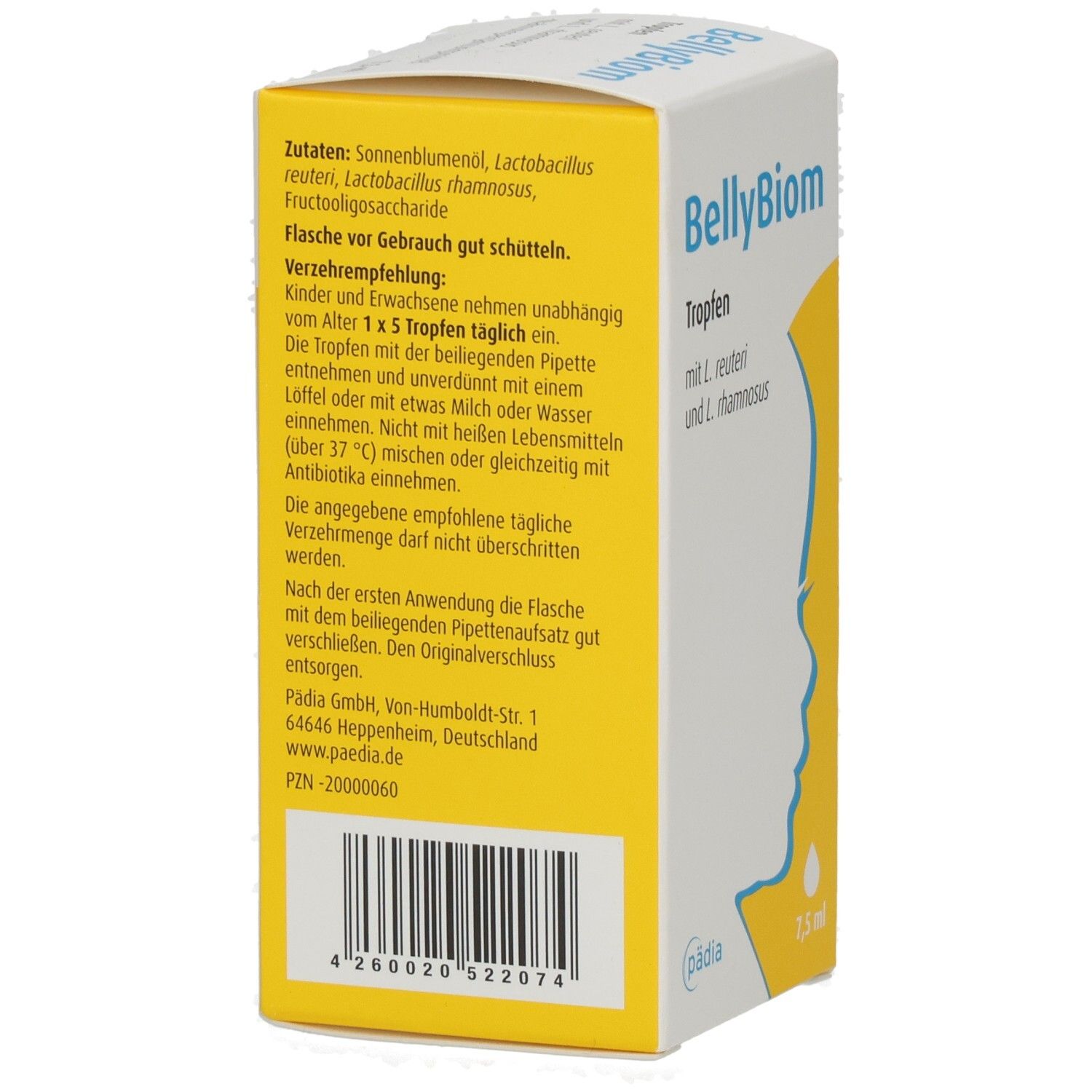 Karton mit Produktinformationen. Enthält Informationen zur Anwendung, Verzehrempfehlung und Herstelleradresse. Enthält auch einen Barcode.