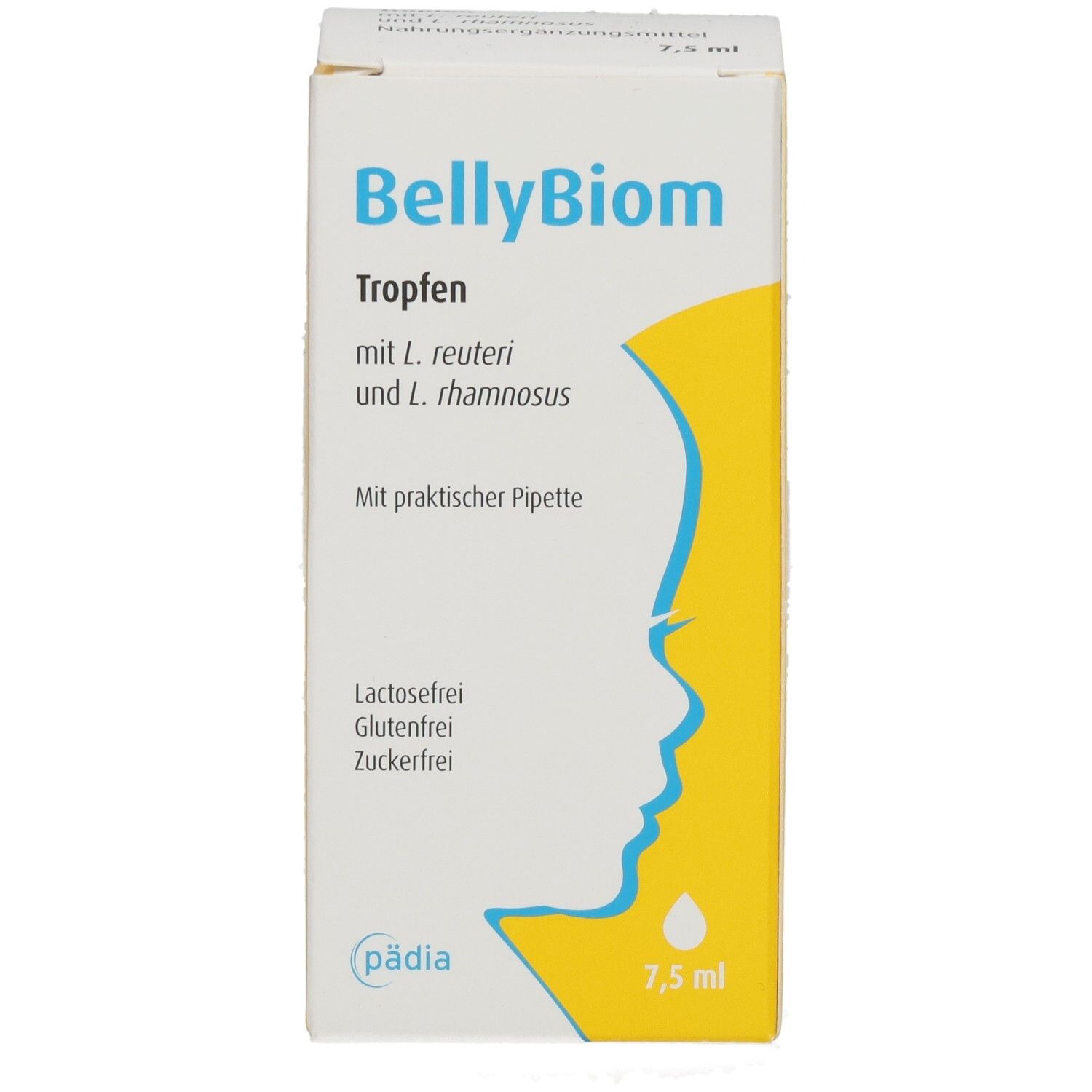Karton mit Produktnamen BellyBiom. Enthält Tropfen mit L. reuteri und L. rhamnosus. Mit praktischer Pipette. Lactosefrei, glutenfrei, zuckerfrei. 7,5 ml.