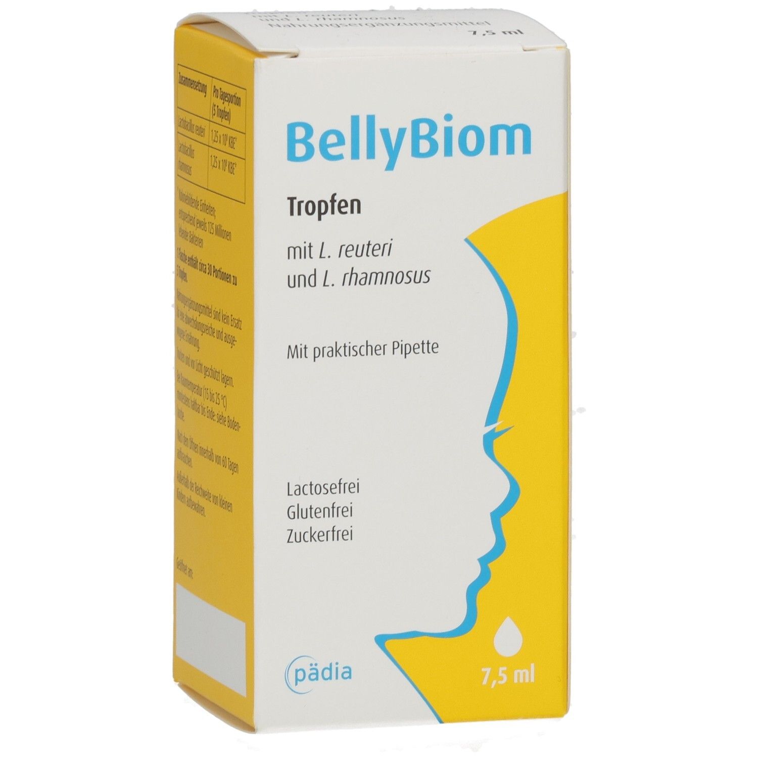Karton mit Produktnamen BellyBiom. Enthält Tropfen mit L. reuteri und L. rhamnosus. Mit praktischer Pipette. Lactosefrei, glutenfrei, zuckerfrei. 7,5 ml.