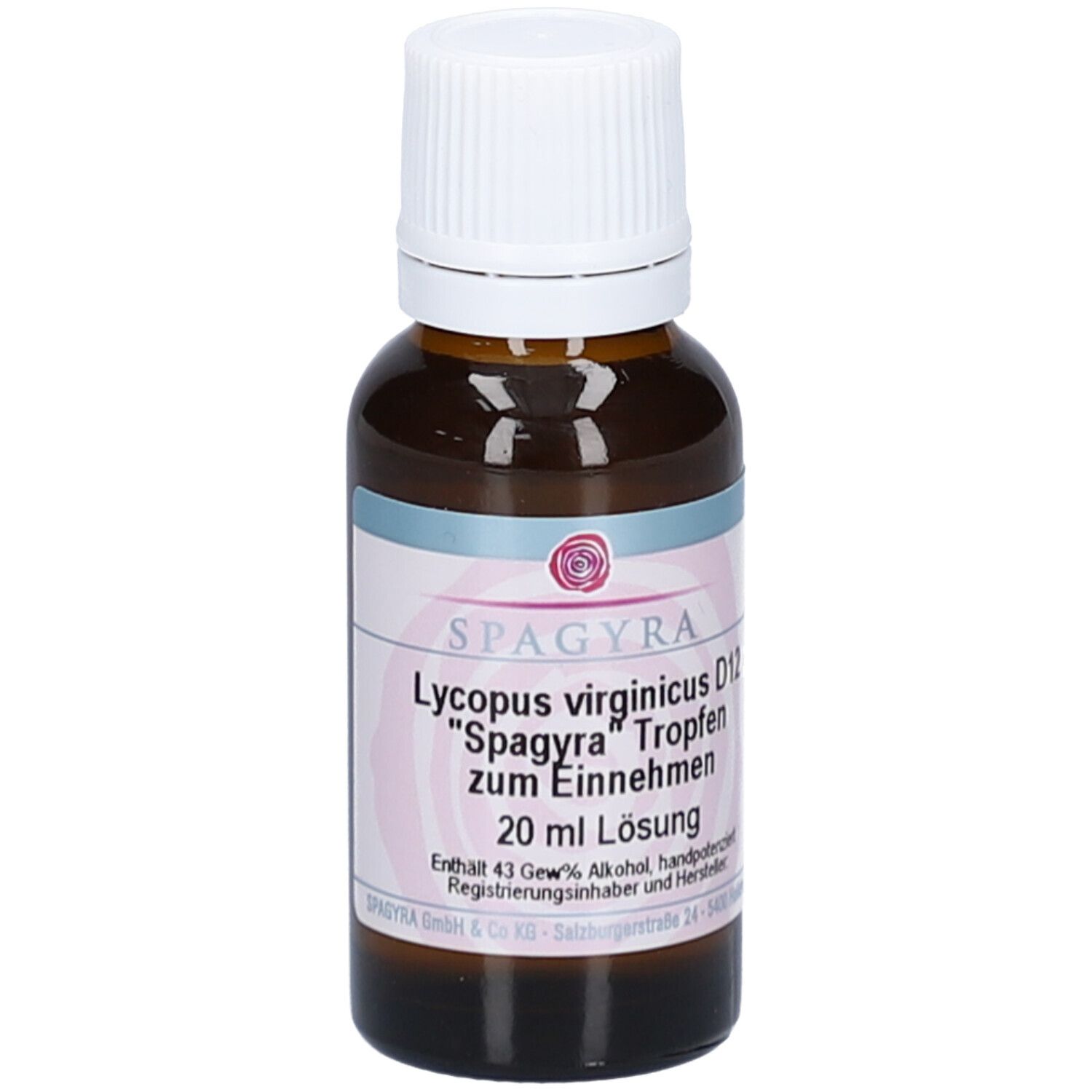 Braune Glasflasche mit weißem Deckel. Etikett mit Produktinformationen: SPAGYRA Lycopus virginicus D12, Tropfen. 20 ml Lösung.
